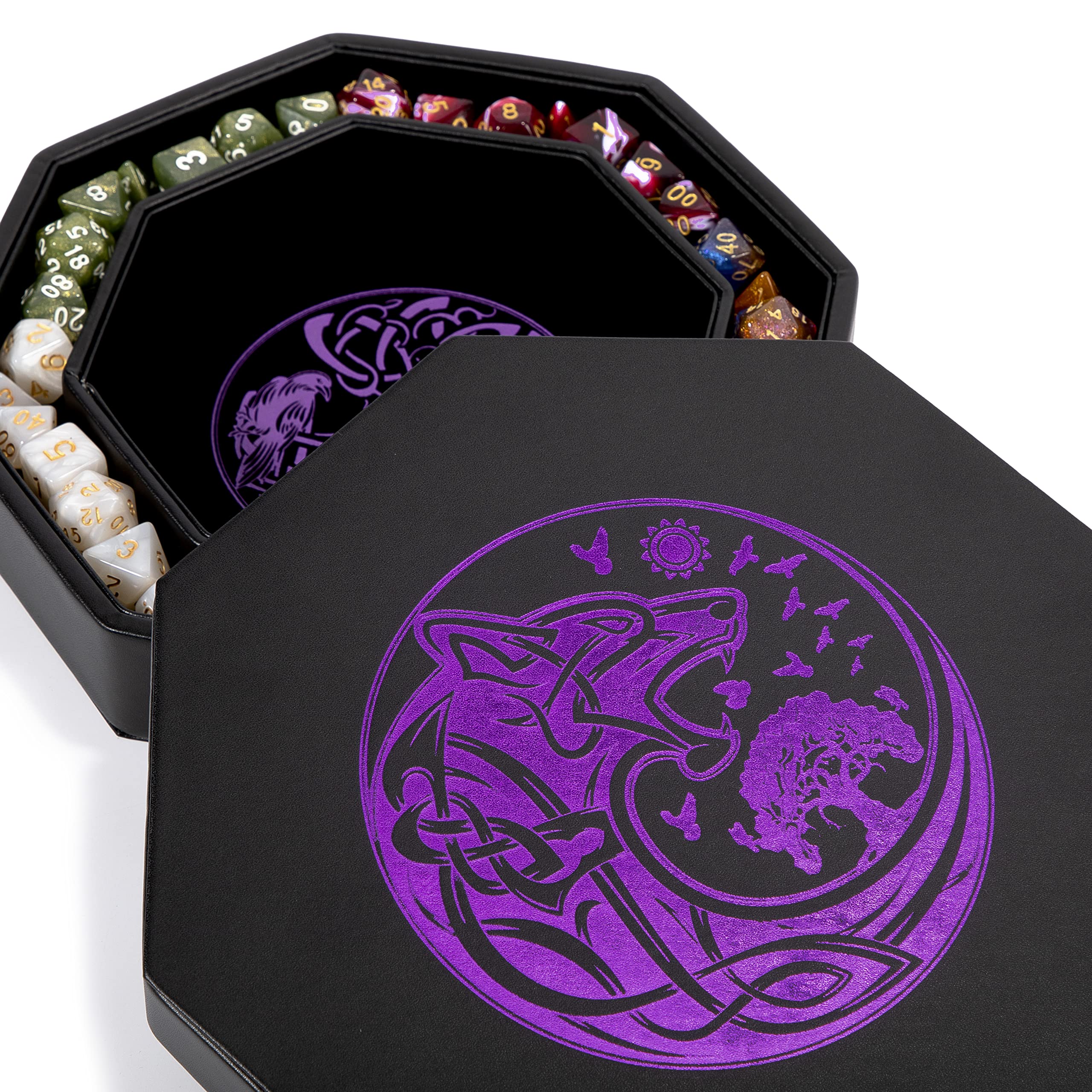 Premium 8 Inch DND Dice Tray for Dungeons & Dragons - Exquisite Purple World Tree & Wolf Raven Design - Dice Rolling Tray with Storage Box for RPG Tabletop Games - Perfect for D&D Sessions & Game Nights