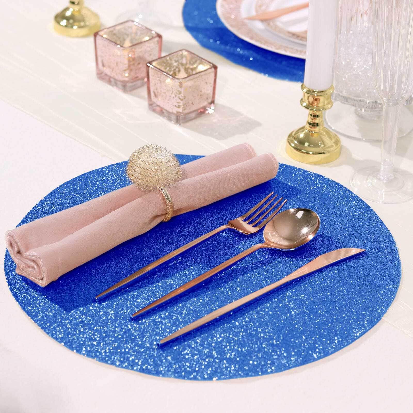 Efavormart 6 Pack Non-Slip Round Faux Leather Glitter Placemats - Royal Blue for Wedding, Banquet, Party, Kitchen & Dining Table Decor | Waterproof & Heat-Resistant for Everyday Use, Holiday Gatherings & Special Events