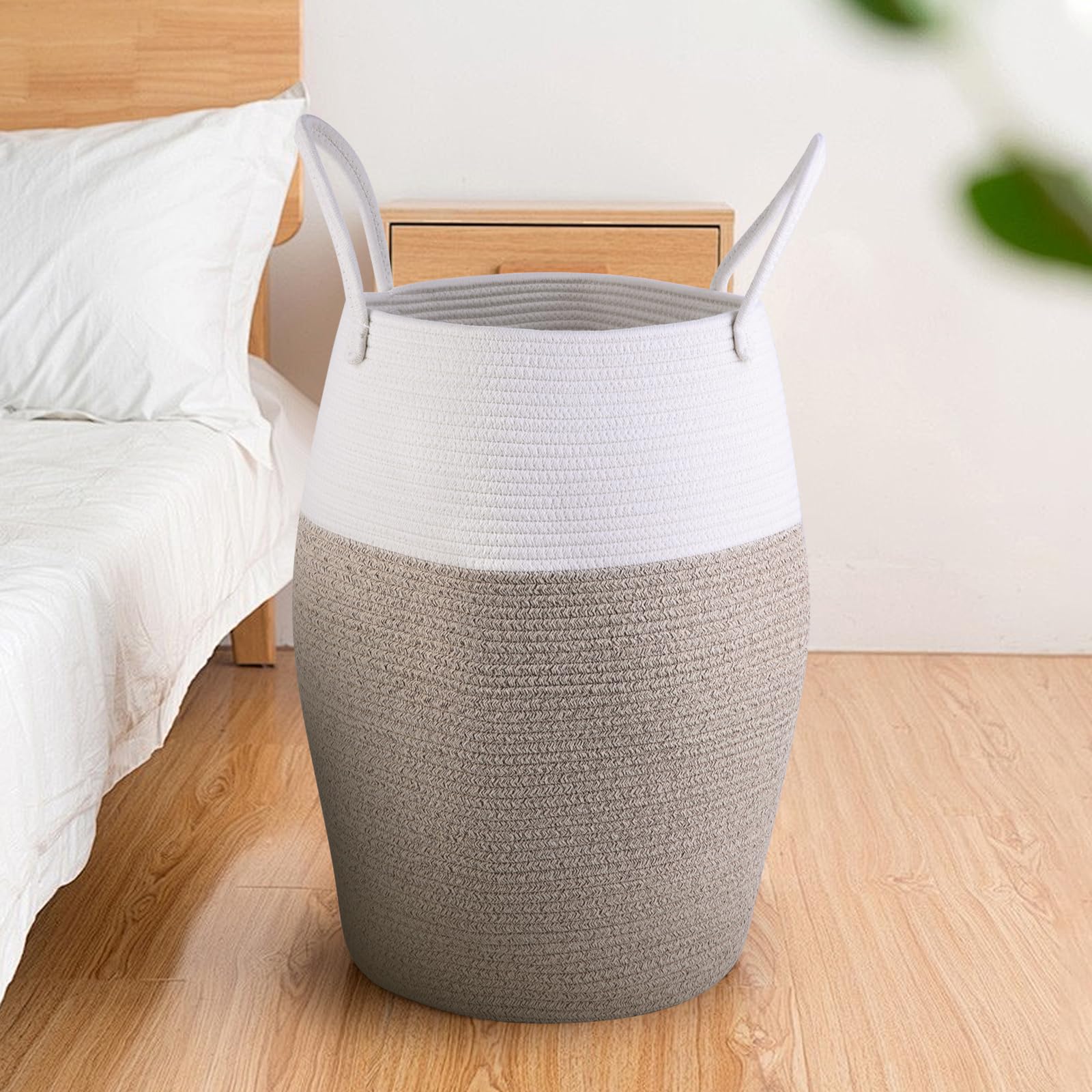 Large Woven Laundry Basket with Handles - Tall Nursery Hamper for Baby Clothes, Blankets & Towels | Round Storage Basket for Organizing Kids' Dirty Clothes & Living Room Essentials | Decorative Fabric Cotton Basket in Brown-White | Perfect for Nursery, Bedroom & Bathroom Storage
