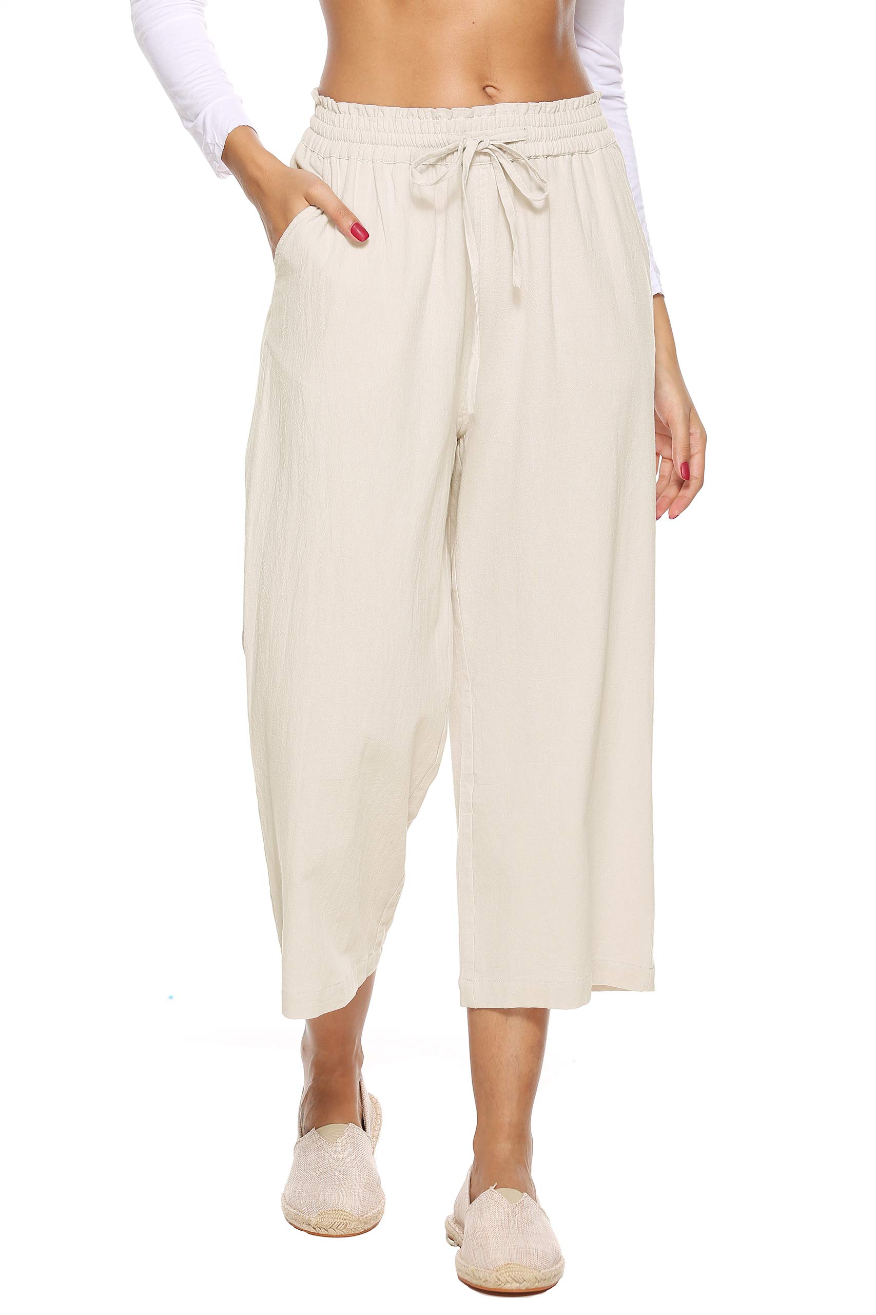 LNX Women's High Waisted Linen Pants - Wide Leg Casual Trousers with Drawstring & Pockets | Breathable Summer Pants for Beach, Travel & Lounge Wear