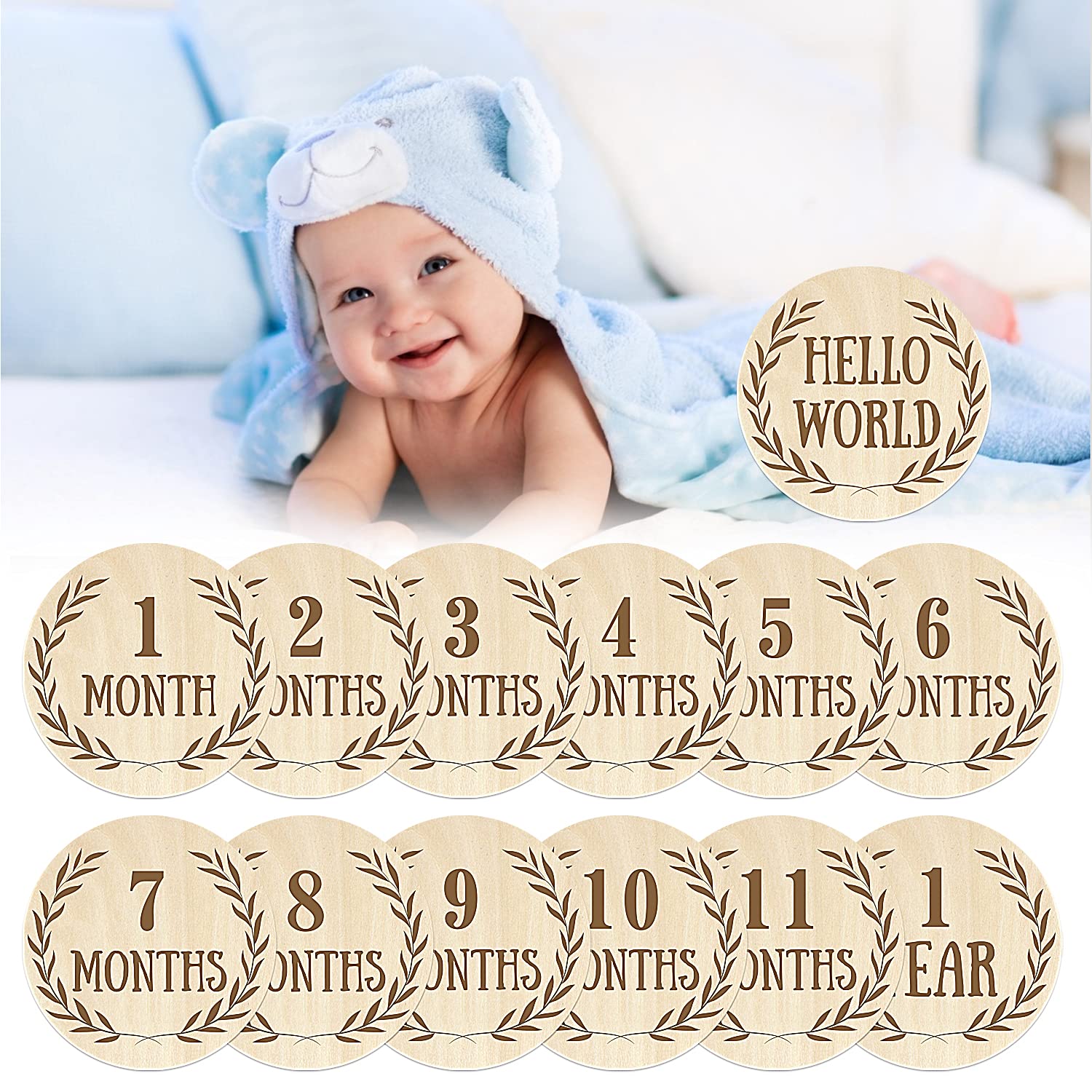 Wooden Baby Milestone Cards - Double Sided Engraved Monthly Photo Prop Discs for Newborn First Year | Perfect Baby Shower Gift Set with Velvet Bag | Capture Precious Moments & Track Infant Growth (Round Design)