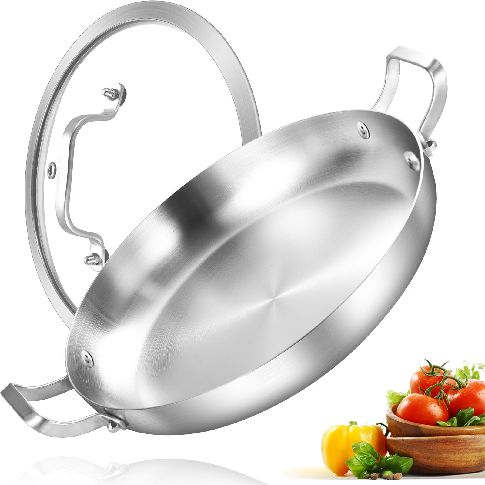 Inqibee 14 Inch Tri-Ply Stainless Steel Paella Pan with Lid - Large Induction Skillet, Omelet Pan, Griddle & Jumbo Cooker - Oven & Dishwasher Safe - Perfect for Spanish Cuisine, Family Meals & Outdoor Cooking