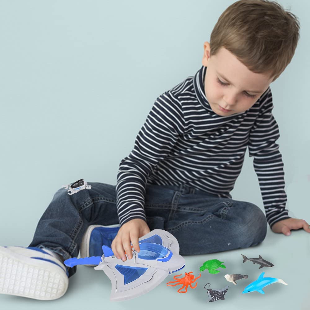 ArtCreativity Sting Ray Transporter Set with Sounds - 1 Stingray Toy & 7 Sea Creatures, Interactive Ocean Animal Toys for Kids, Underwater Party Supplies | Perfect for Birthday Gifts, Pool Playtime & Marine Education