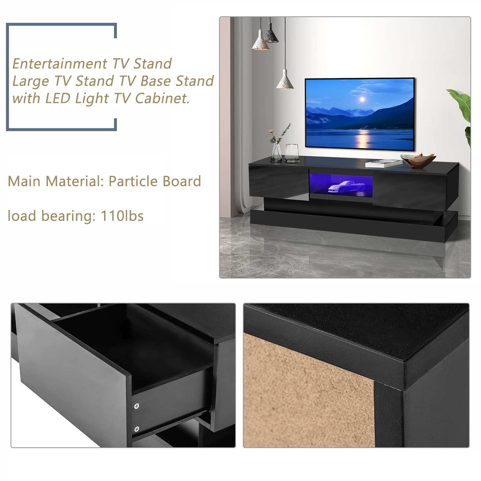1.3M Modern High Gloss TV Stand with LED Lights - 2-Drawer Entertainment Center Media Console for 55 Inch TV, Black | Living Room Storage Cabinet with 16-Color Lighting for Home Theater Setup