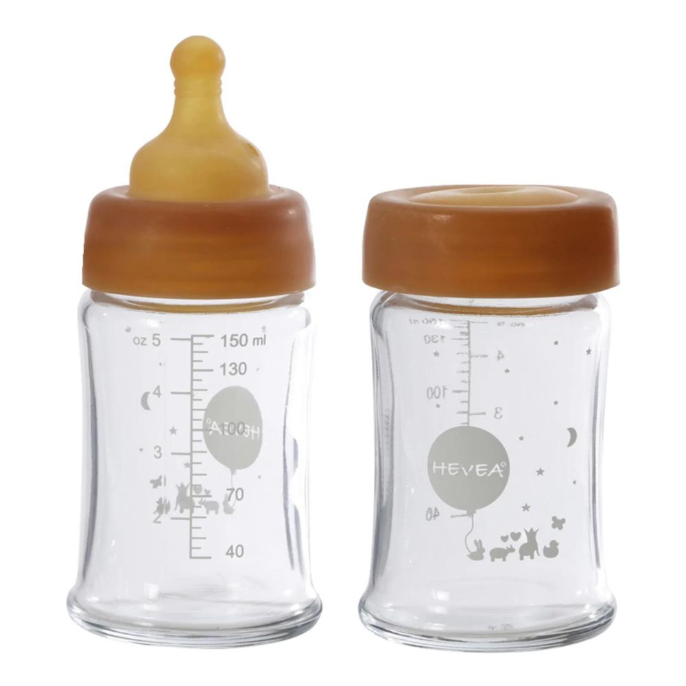 Hevea Wide Neck Glass Baby Bottle 2-Pack 150ml | Slow Flow Nipple for Newborns 0-3 Months | BPA-Free & Eco-Friendly Feeding Solution for Breastfed Babies | Perfect for Daycare, Travel & On-the-Go Use