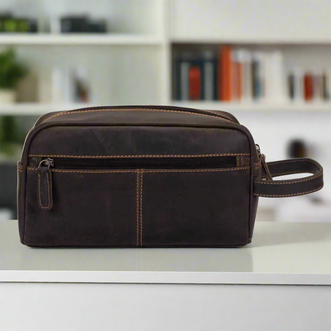 Premium Greenwood Leather Geelong Toiletry Bag for Men & Women - Waterproof Travel Cosmetic Organizer for Gym, Vacation & Business Trips