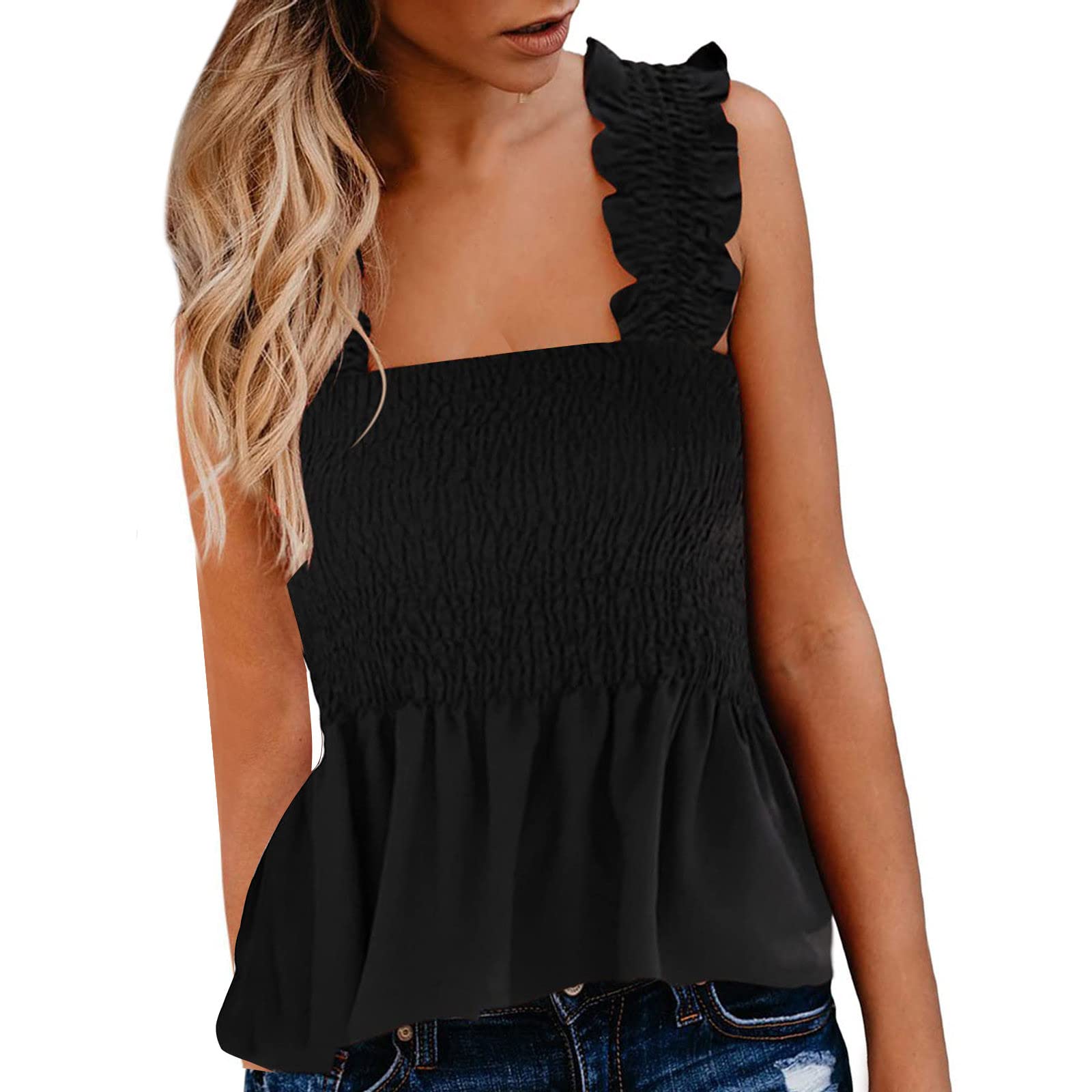 Women's Compression Top for Weight Loss - Frill Smocked Crop Tank with Tie Shoulder Strap | Workout, Yoga & Summer Fashion