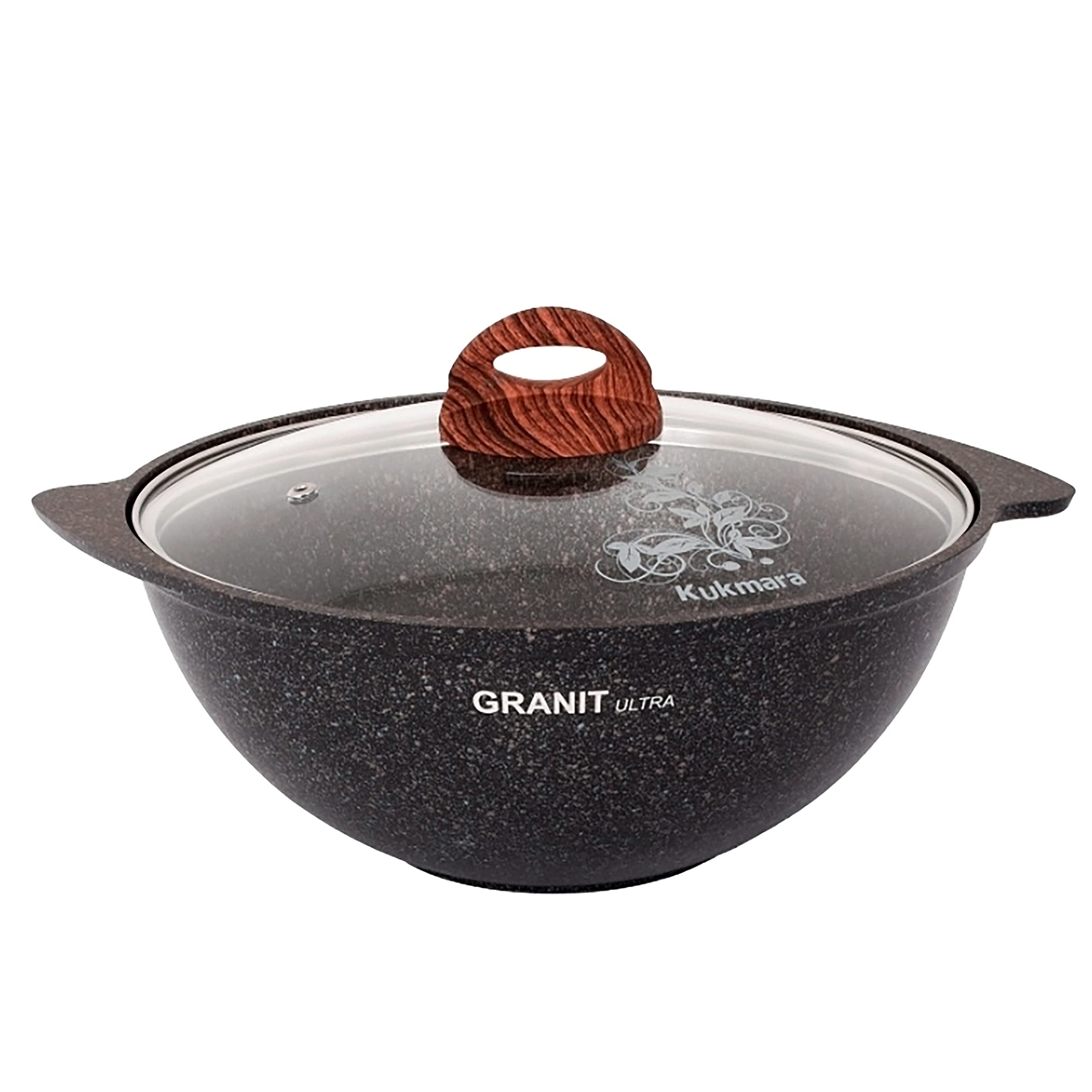 Premium Aluminum Wok Kazan Cooking Pot with Lid - 4.8 Qt (4.5L) Granite Coated Nonstick Camping & Kitchen Cookware - Perfect for Outdoor Camping, Home Cooking & Asian Cuisine