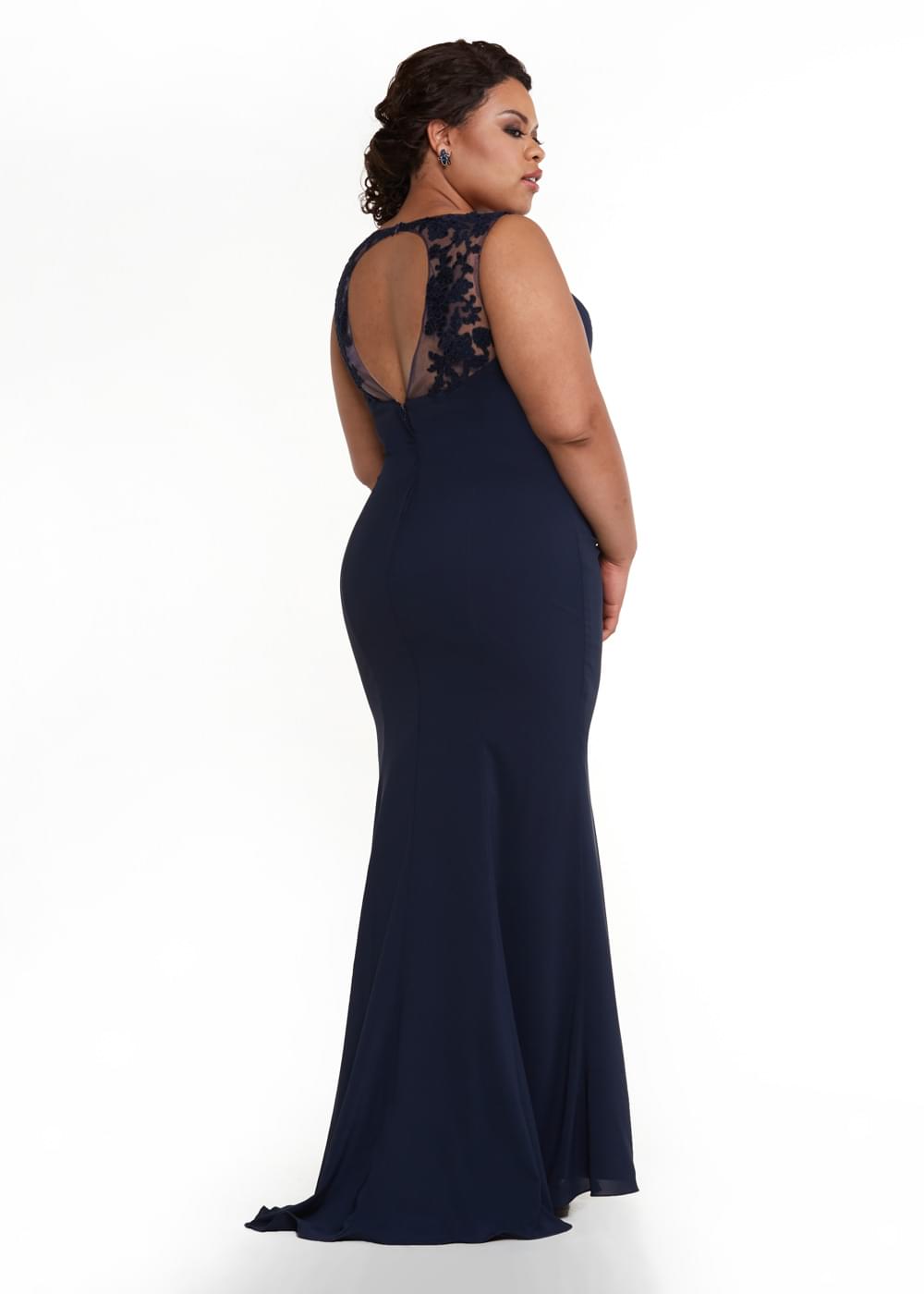 Elegant 80109 Fitted Stretch Chiffon Bridesmaid Dress with Illusion Lace Neckline - Perfect for Weddings, Formal Events & Special Occasions