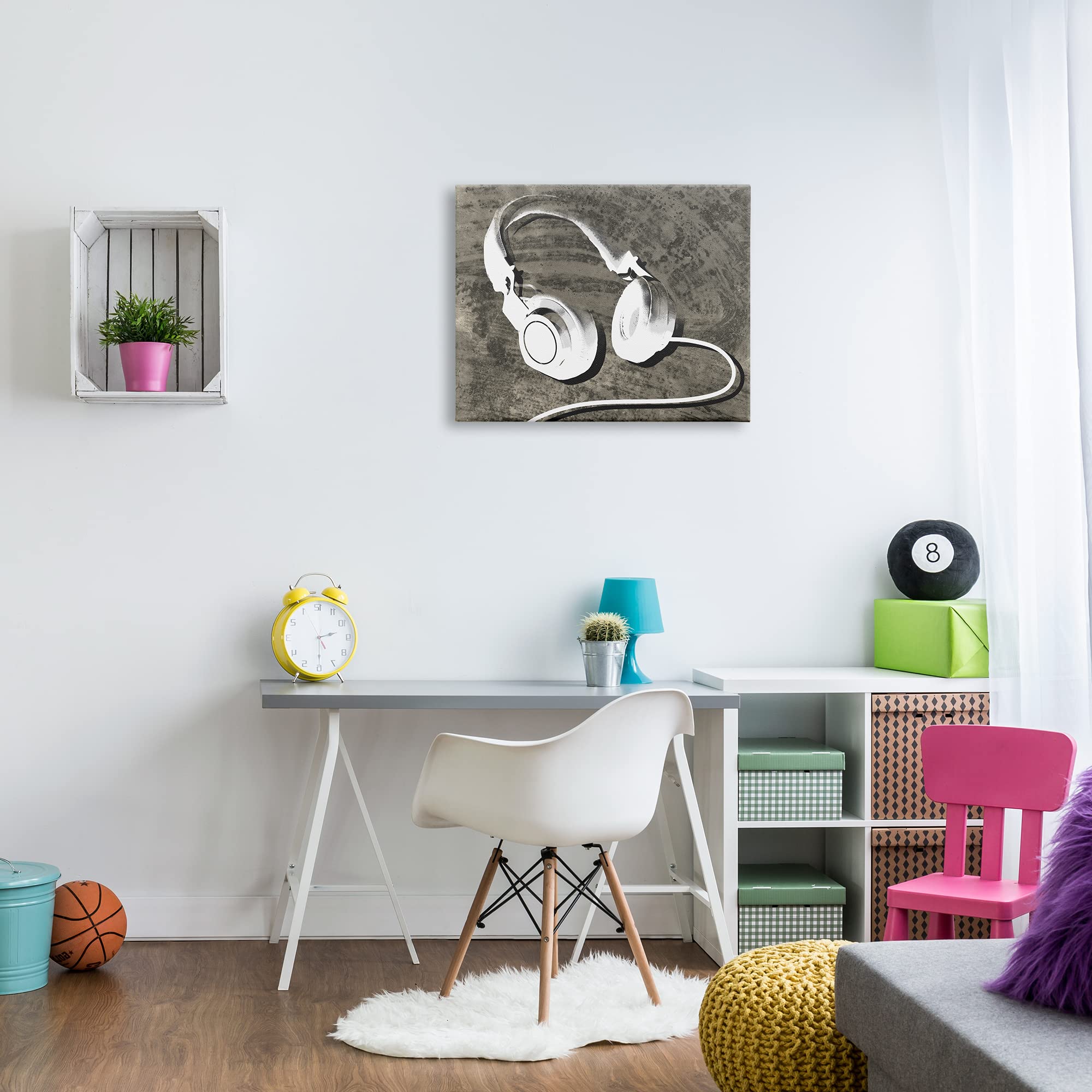 Stupell Industries Music Headphones Canvas Wall Art - 30x24 Inches, White Frame, Brown Rustic Wood Grain Design by Daphne Polselli - Perfect for Music Lovers' Bedroom, Living Room or Studio Decor