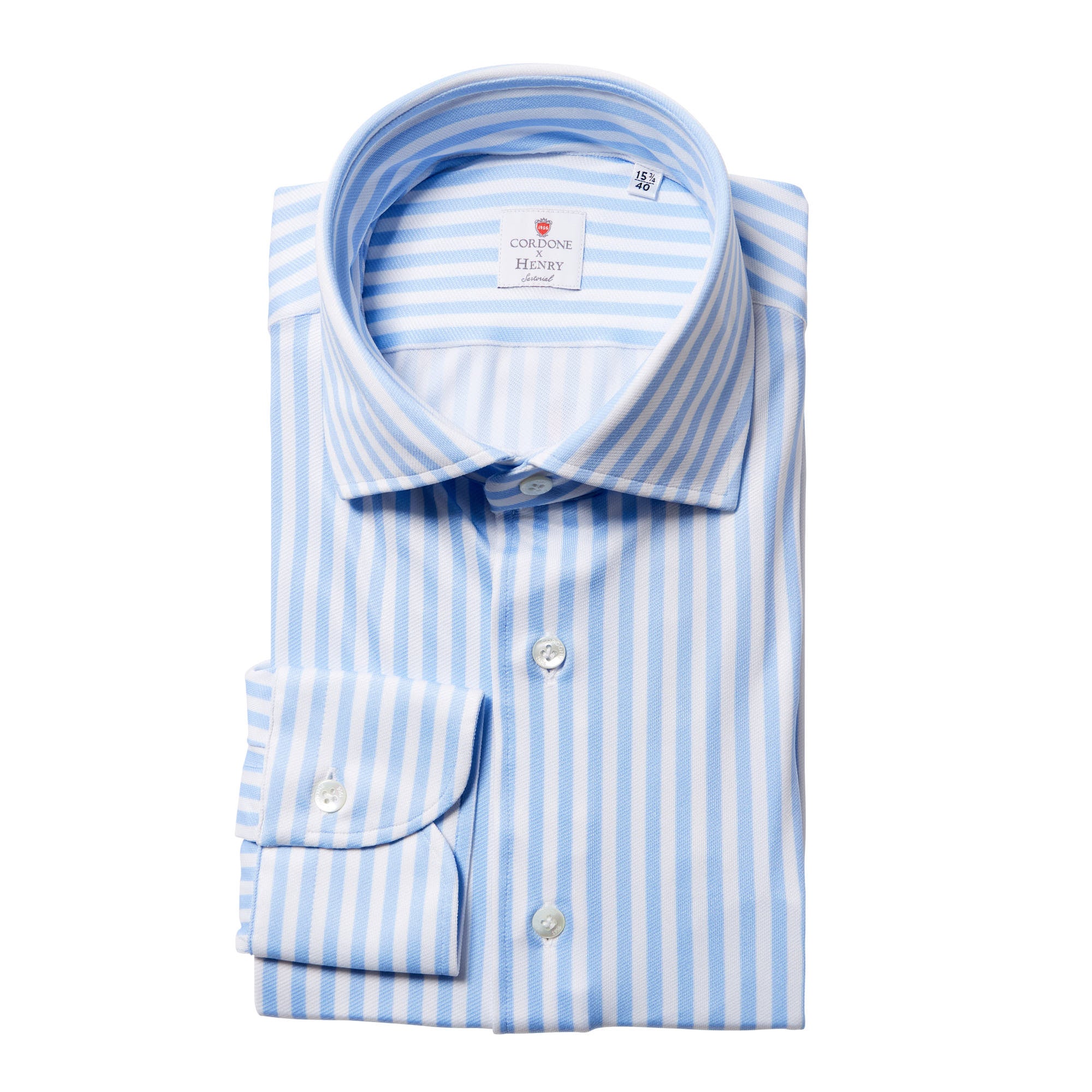 CORDONE Striped Round Neck Shirt with Single Cuff - Classic Fit White/Sky Blue - Perfect for Casual Wear, Office Outfits & Everyday Fashion