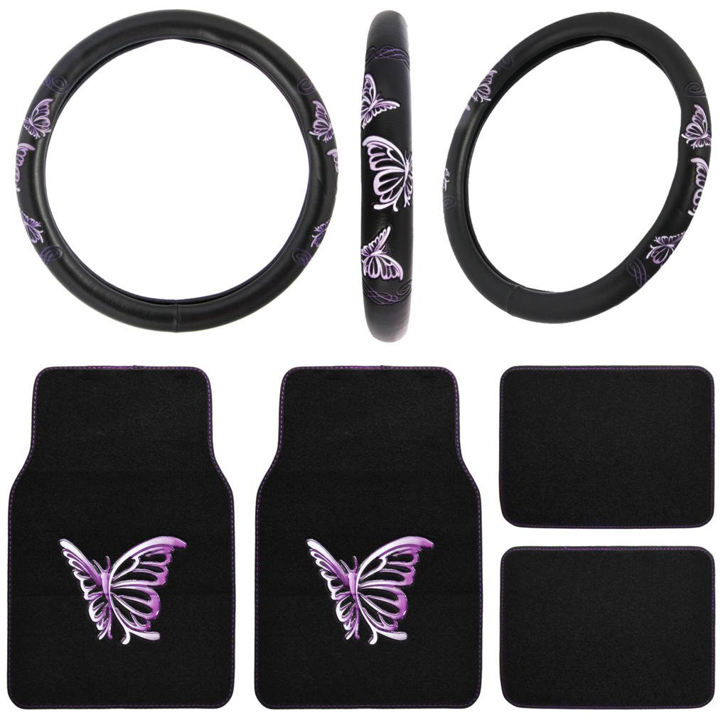 BDK Luxury Car Floor Mats & Steering Wheel Cover Combo Set - Purple & White Butterfly Design | Non-Slip Car Accessories for Sedan, SUV, Truck | Perfect for Gifts & Home Decor
