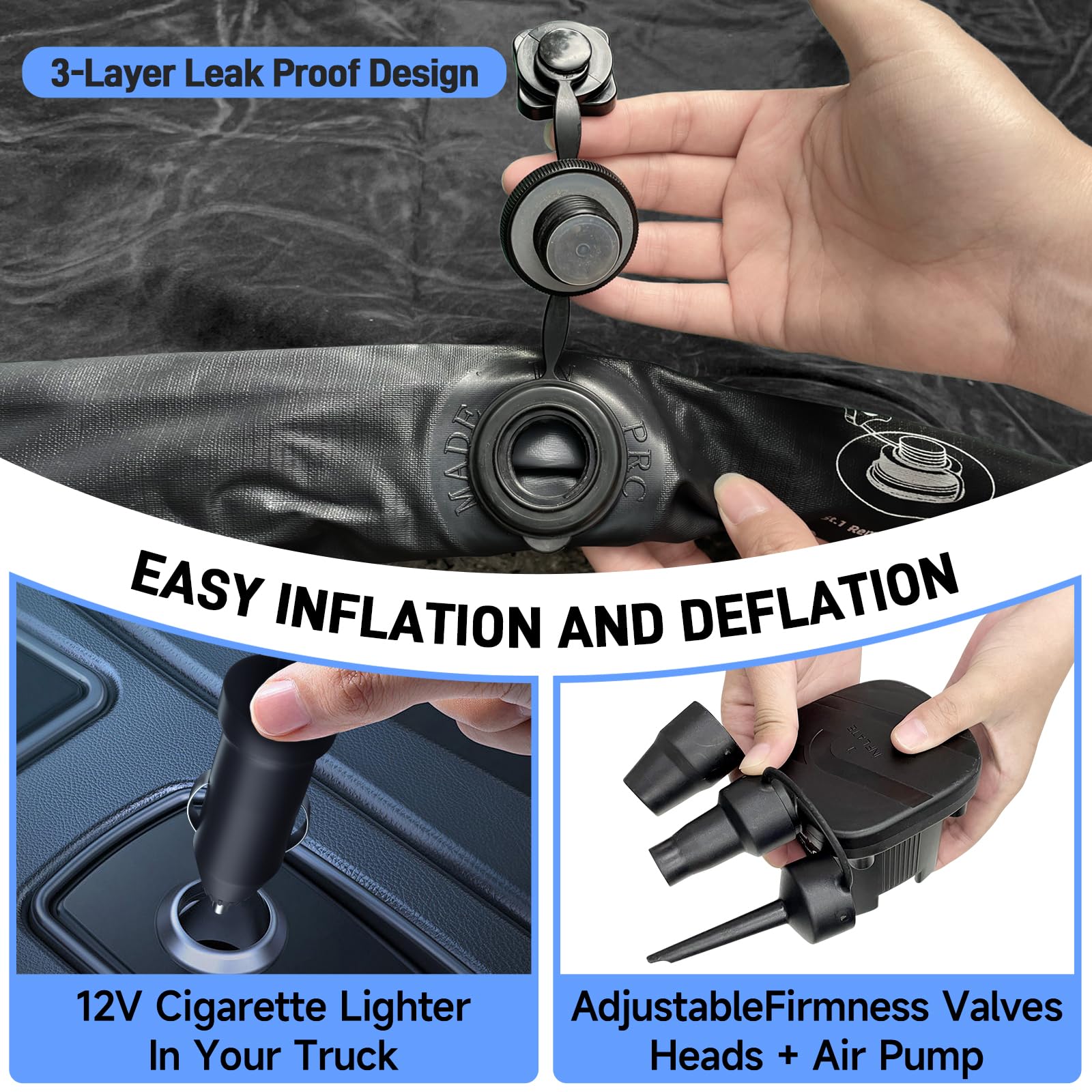 **Inflatable Air Mattress for Full Size 6.5ft Truck Beds - Fits Chevrolet Silverado, Dodge Ram, Ford - Includes Air Pump, 2 Pillows & Carry Bag - Perfect for Camping, Road Trips & Outdoor Adventures (Black)**