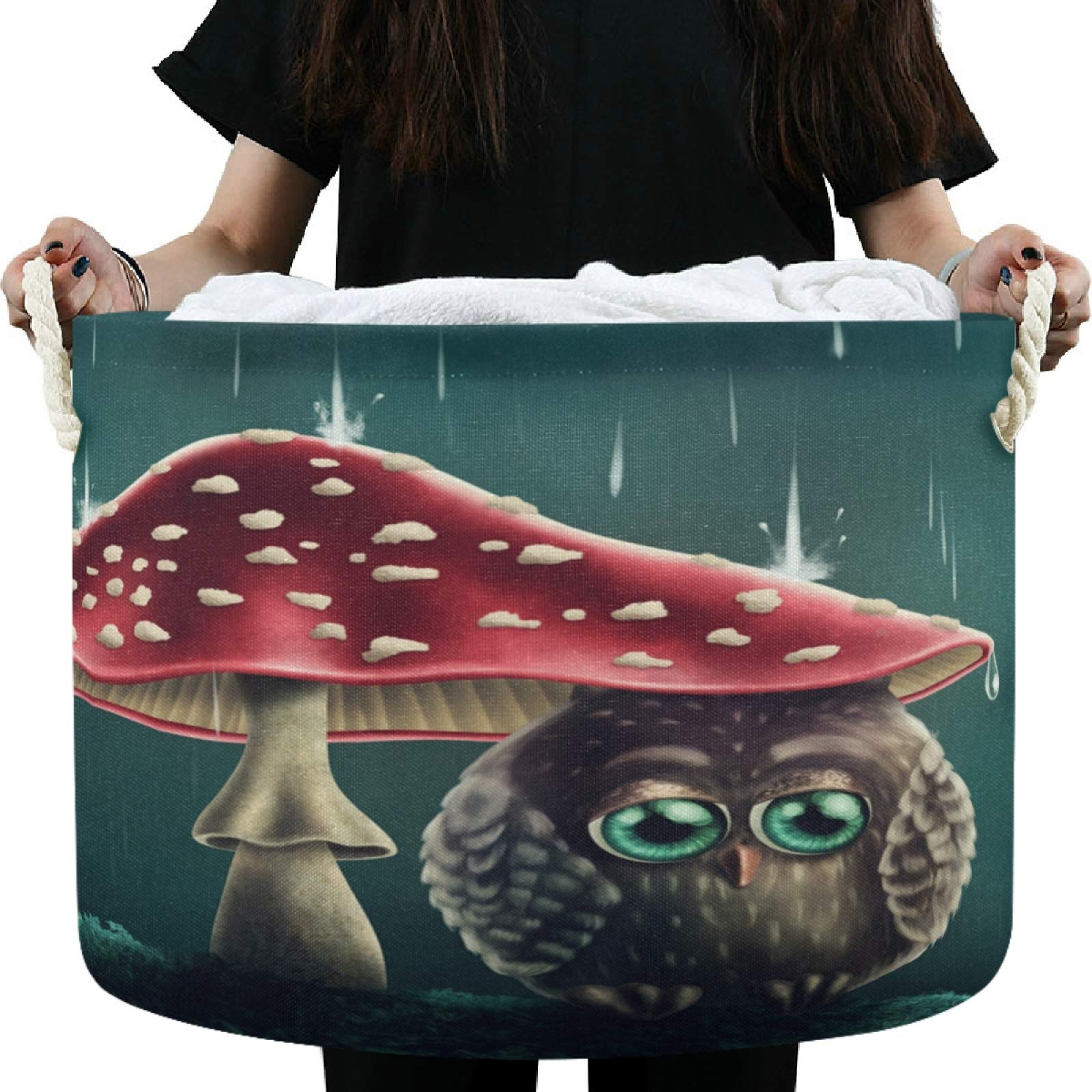 Visesunny Owl Storage Basket - Mushroom-Themed Canvas Fabric Toy Organizer Bin for Kids' Room, Playroom, Shelves & Laundry | Nursery Decor, Toy Storage Solution, Cute Animal Hamper for Bedroom Organization