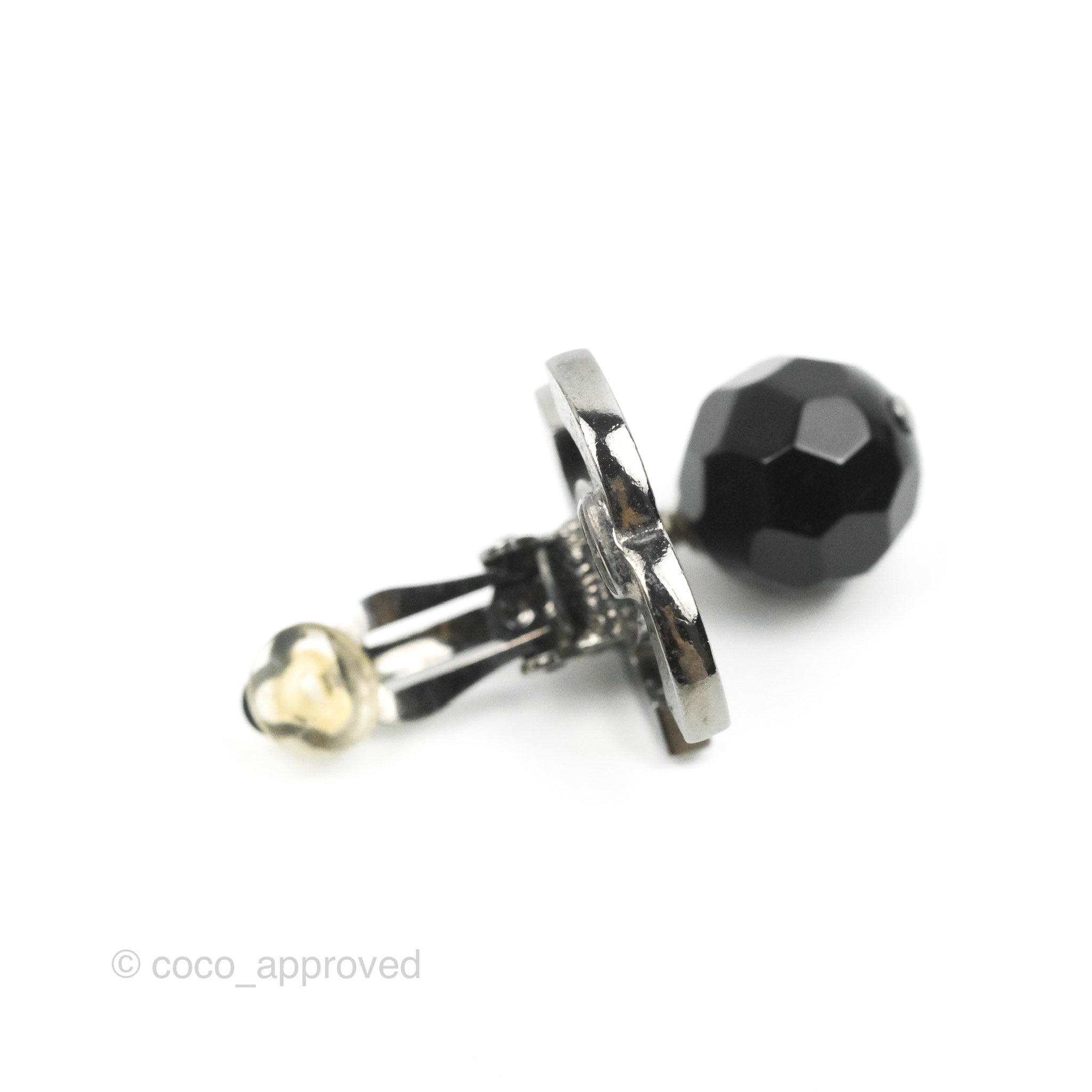 Chanel CC Black Resin Sphere Drop Earrings with Gun Metal Finish - Elegant Dangle Clip-On Earrings for Women | Perfect for Evening Parties, Weddings & Special Occasions