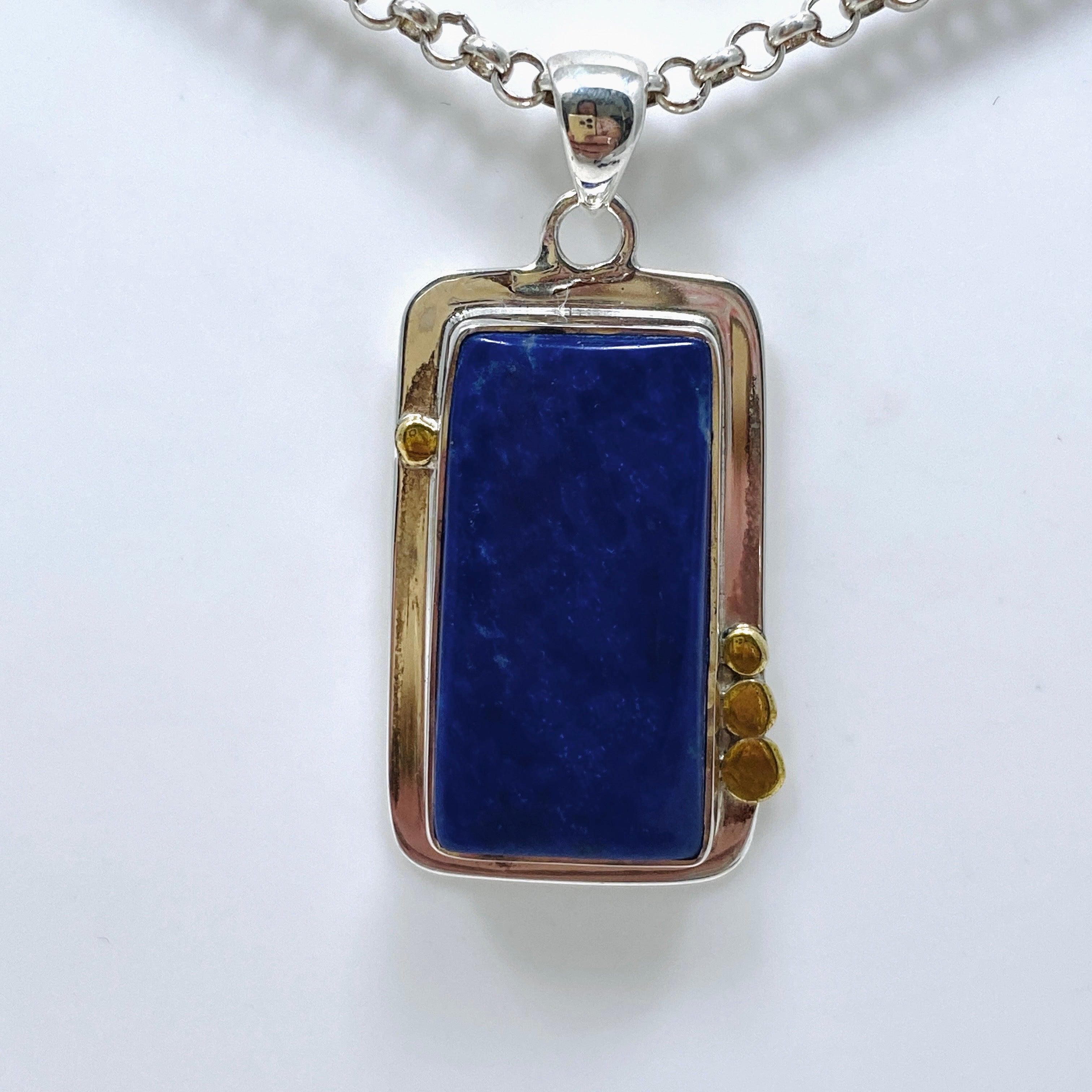 Lapis Lazuli Rectangular Pendant Necklace with Brass Detailing - Handmade Gemstone Jewelry for Women (KPGJ3821) | Perfect for Spiritual Healing, Meditation & Boho Fashion Accessories