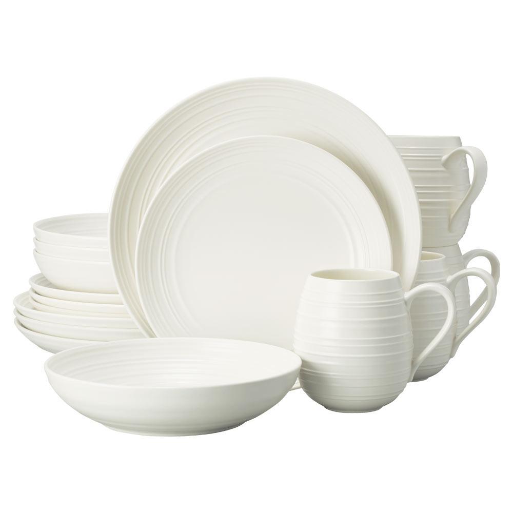 Swirl White 16-Piece Dinnerware Set - Service for 4, Porcelain Plates Bowls & Mugs - Elegant Tableware for Dining, Entertaining & Everyday Use