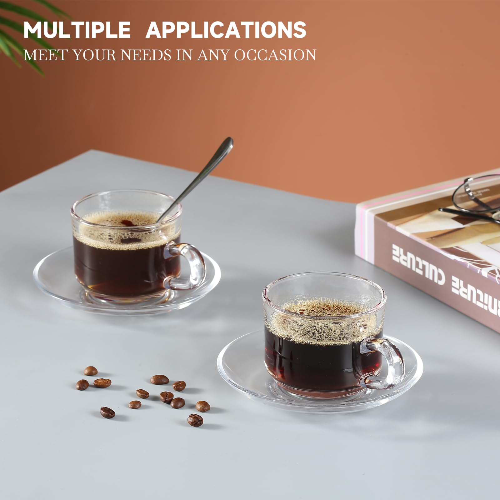Premium 6-Piece Glass Tea Cup and Saucer Set with Stainless Steel Spoon - 6oz/180ml Clear Coffee Mugs for Espresso, Cappuccino, Latte, Tea & Juice - Dishwasher & Microwave Safe - Perfect for Home, Office, Cafe and Gifts