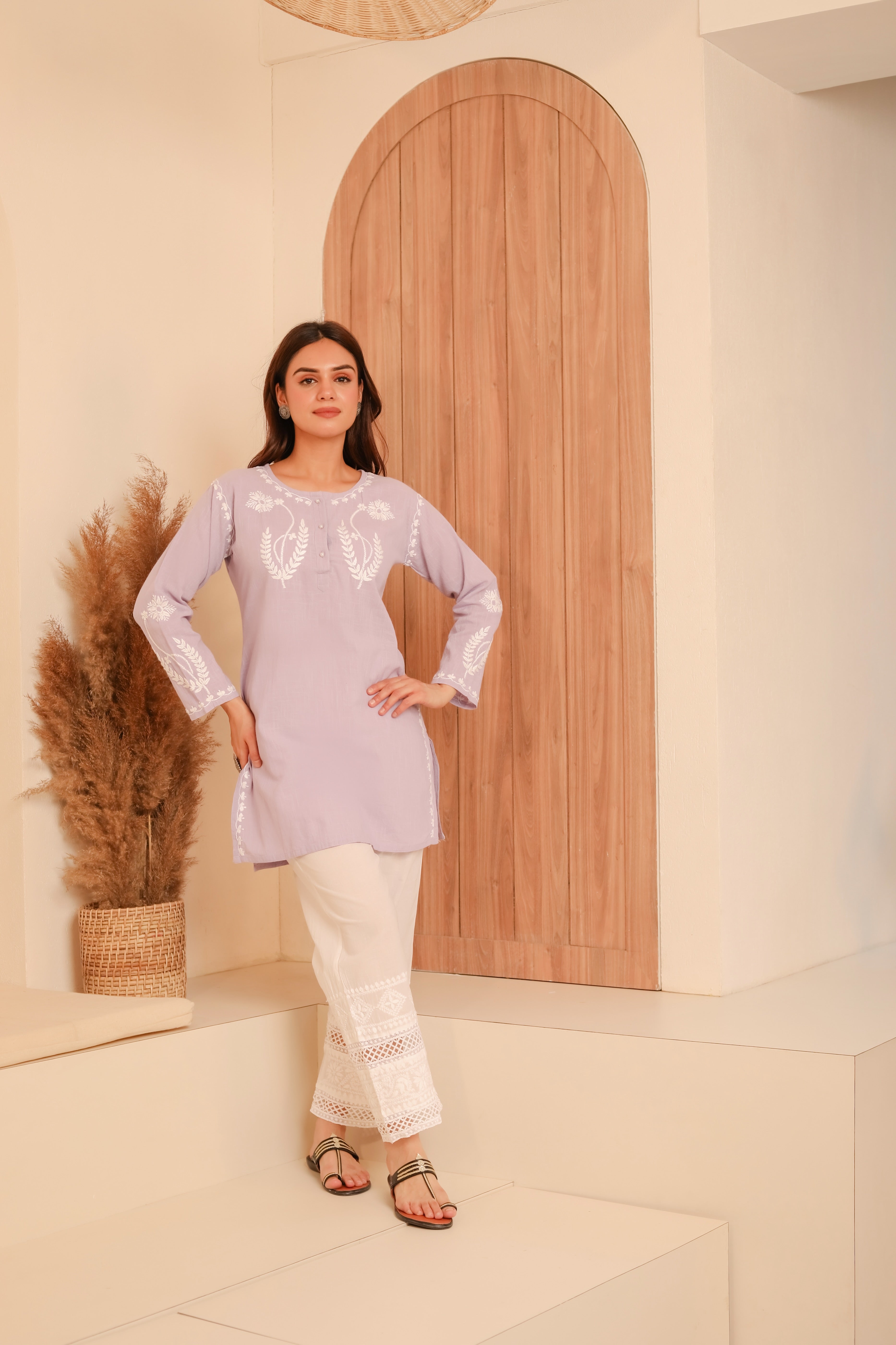Elegant Saba Chikankari Short Kurta - Soft Slub Cotton Lilac Tunic for Women | Perfect for Festivals, Parties & Casual Wear