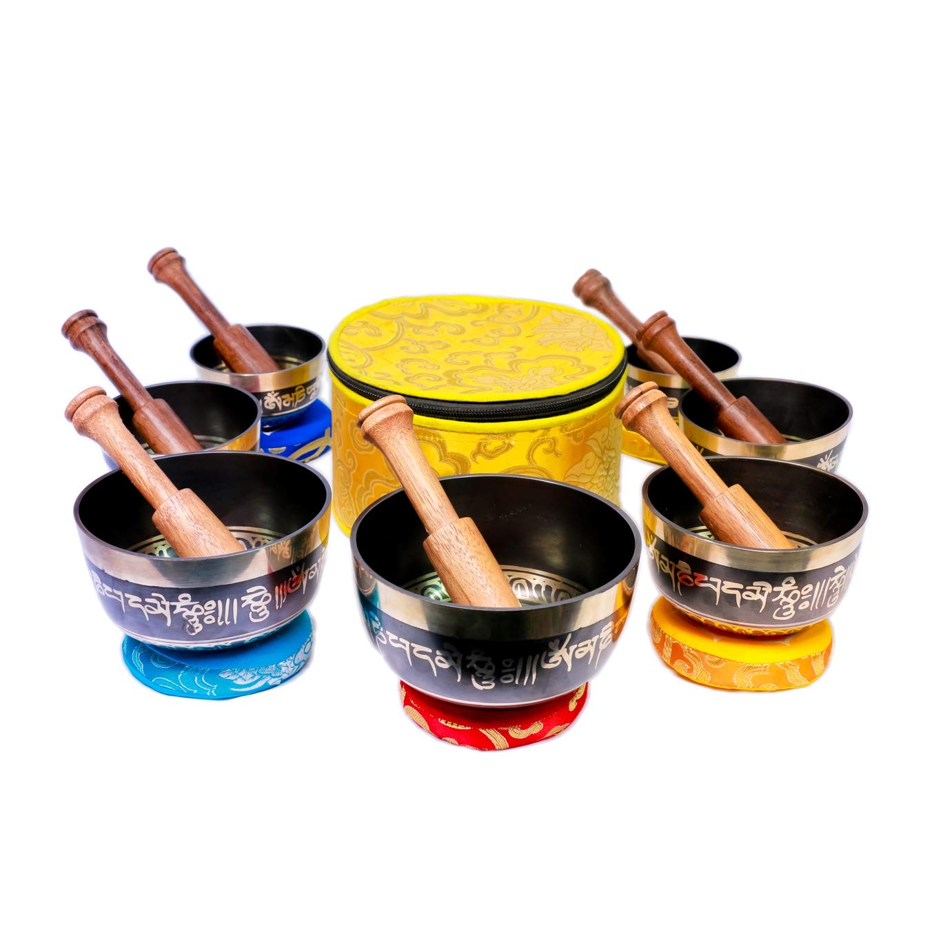 Authentic Tibetan Singing Bowl Set - 7 Chakra Healing Meditation Bowls from Nepal (Hand-Painted Black) for Yoga, Sound Therapy & Spiritual Healing