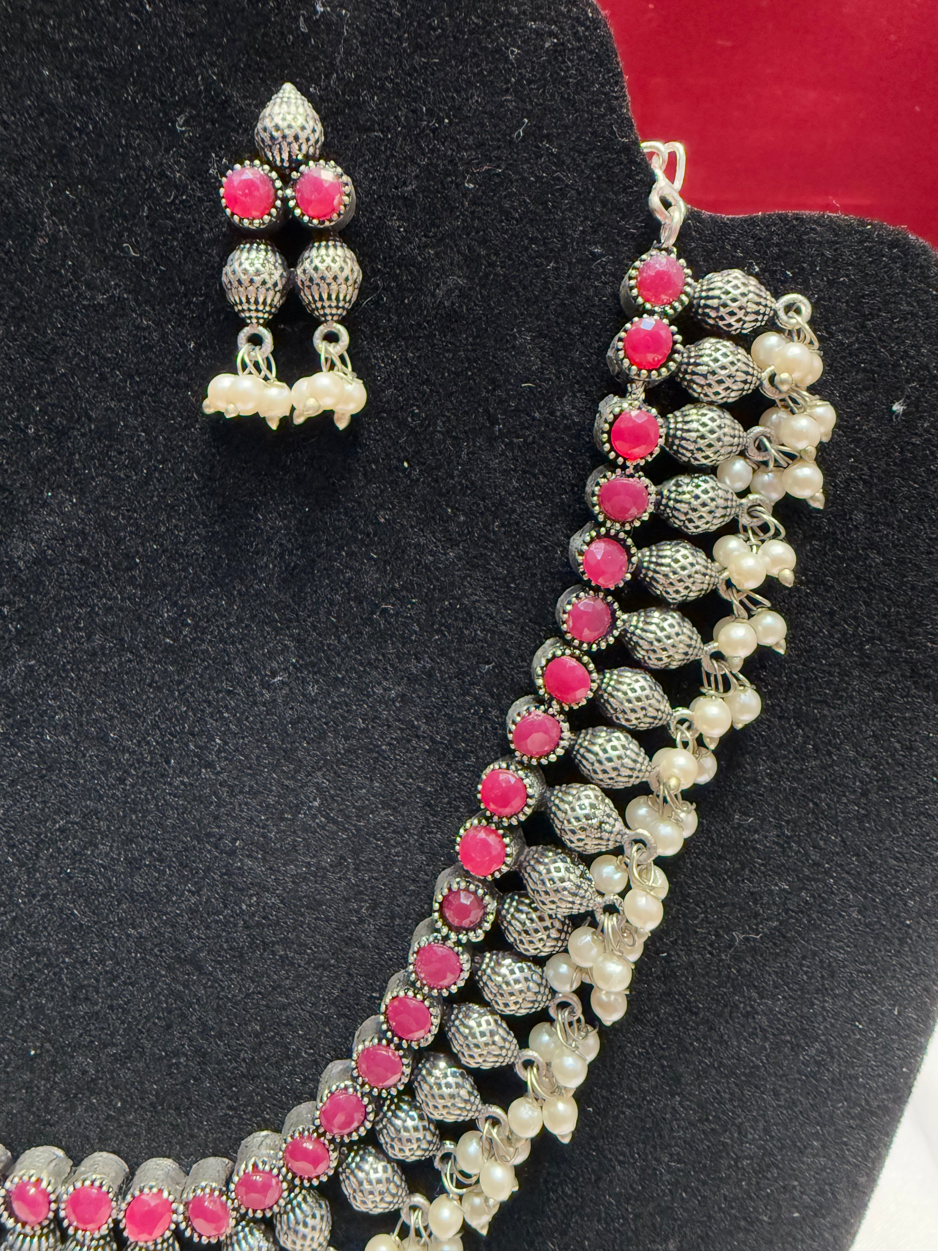 Elegant Magenta Pearl Drop Oxidized Necklace Set for Women - Perfect for Weddings, Parties & Special Occasions