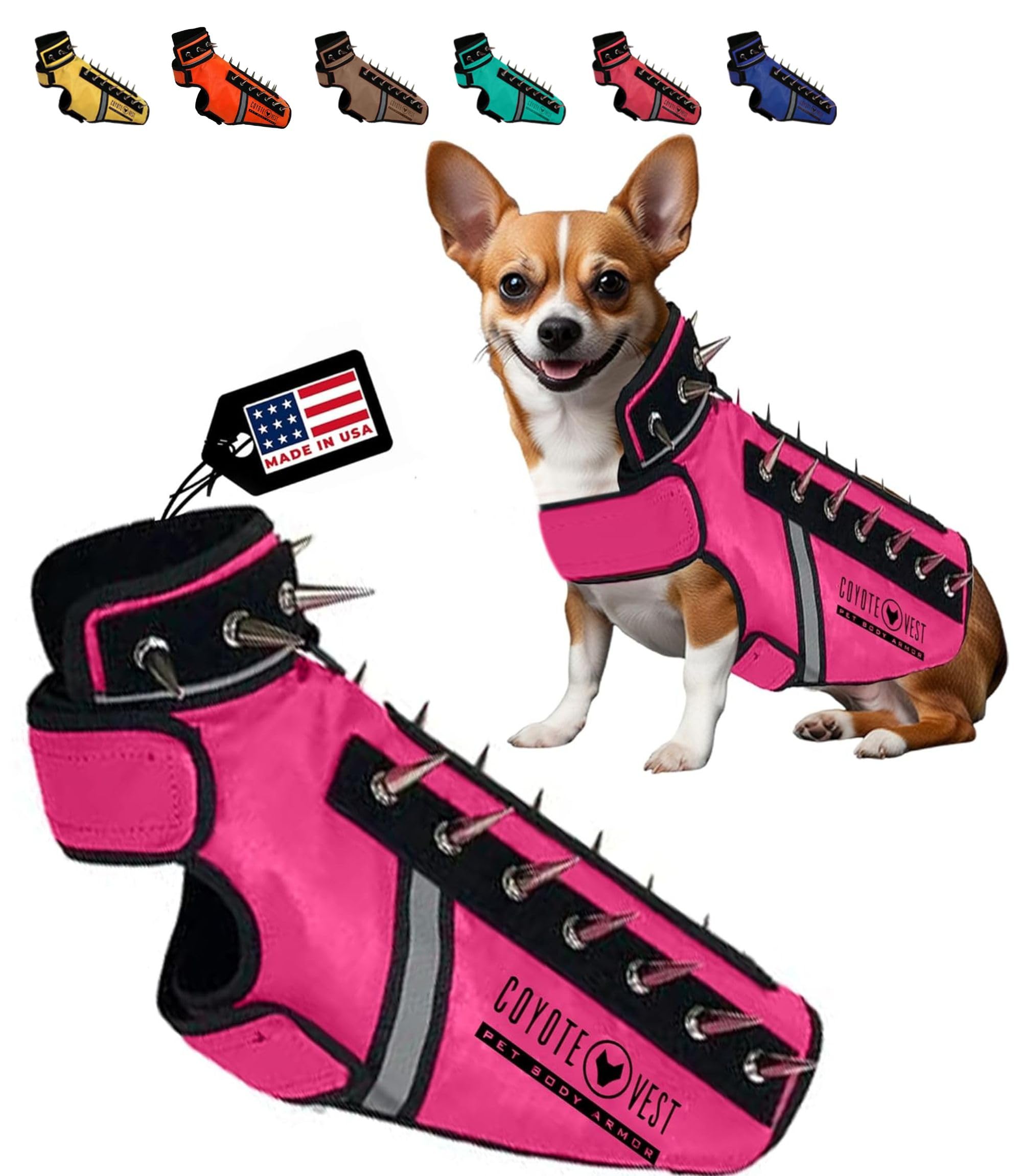 CoyoteVest SpikeVest Dog Harness Vest for Small Dogs - Reflective Anti-Coyote & Hawk Protection Vest with Spikes, Made in USA (XXS-Pink) | Perfect for Outdoor Adventures, Hiking & Backyard Safety