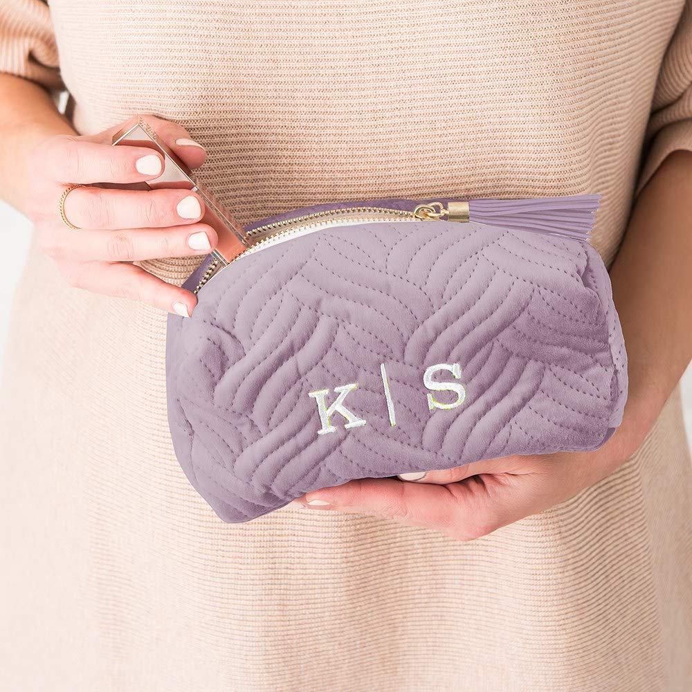 Personalized Velvet Quilted Makeup Bag for Women - Small Lavender Purple Wedding Gift, Bridesmaid Proposal, Travel Cosmetic Pouch for Bridal Shower & Bachelorette Party