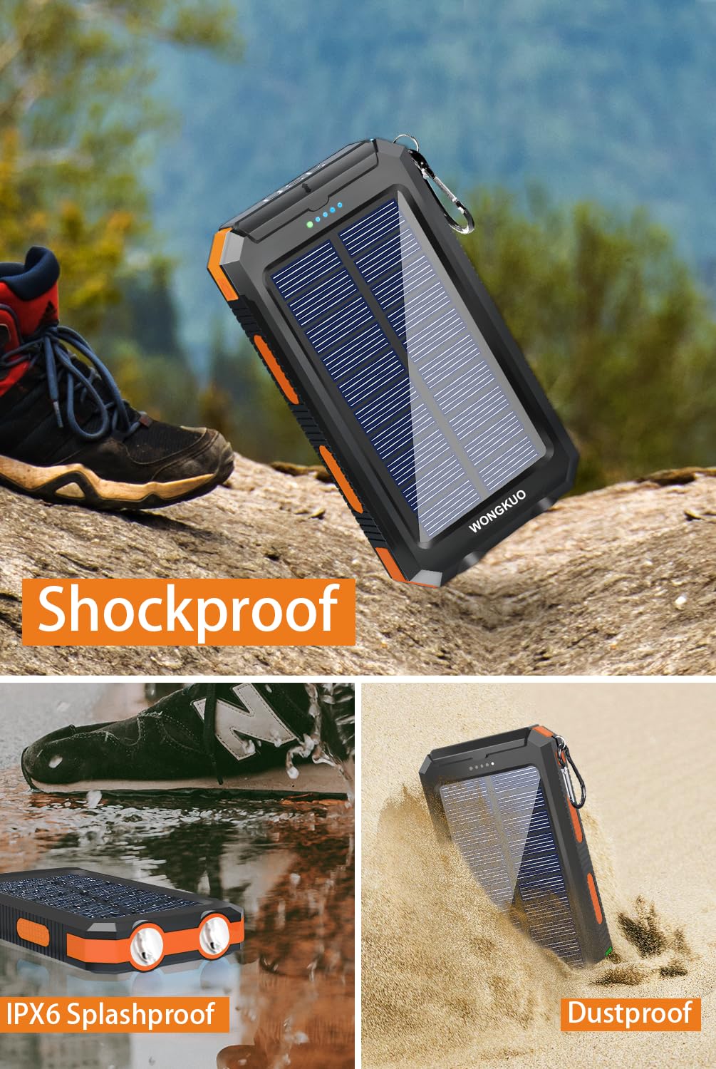 **WONGKUO 36800mAh Solar Power Bank with QC3.0 Fast Charging, LED Flashlight & IP65 Waterproof - Portable Solar Charger for Phones, Tablets, Outdoor Camping, Hiking, and Emergency Power Backup**