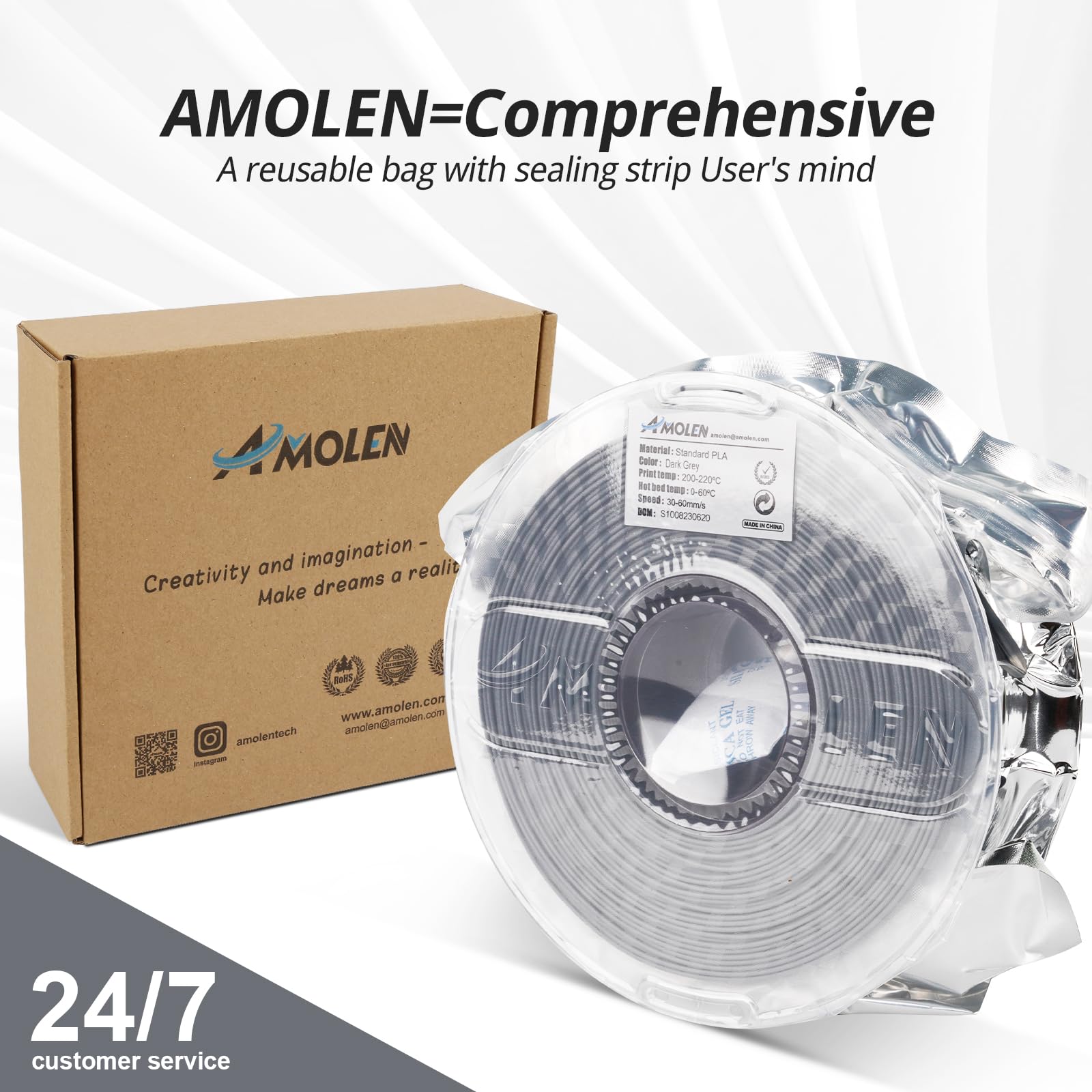 AMOLEN 1.75mm PLA 3D Printer Filament - High Speed Dark Grey 1KG/2.2lb, ±0.02mm Precision, Smooth Tangle-Free for FDM Printers (500mm/s) - Perfect for Rapid Prototyping, DIY Crafts & Educational Projects