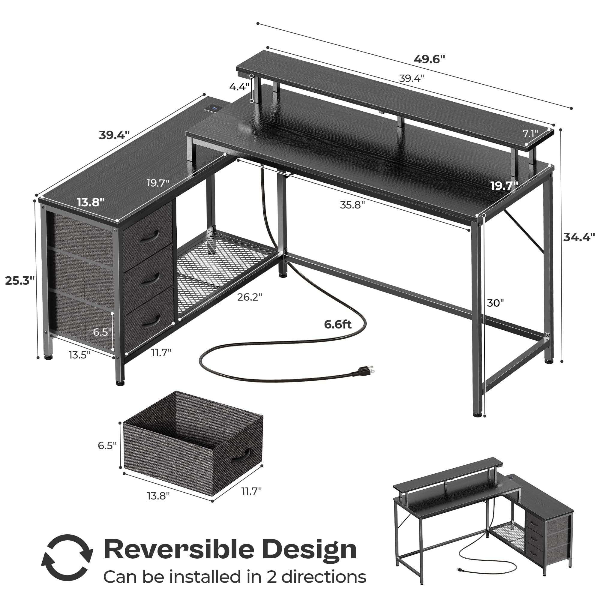 Huuger Reversible L-Shaped Computer Desk with Drawers & LED Lights - Gaming Desk with Power Outlets & Storage Shelves - Ergonomic Home Office Desk for Work & Study (Black) - Perfect for Small Spaces & Multi-Monitor Setups