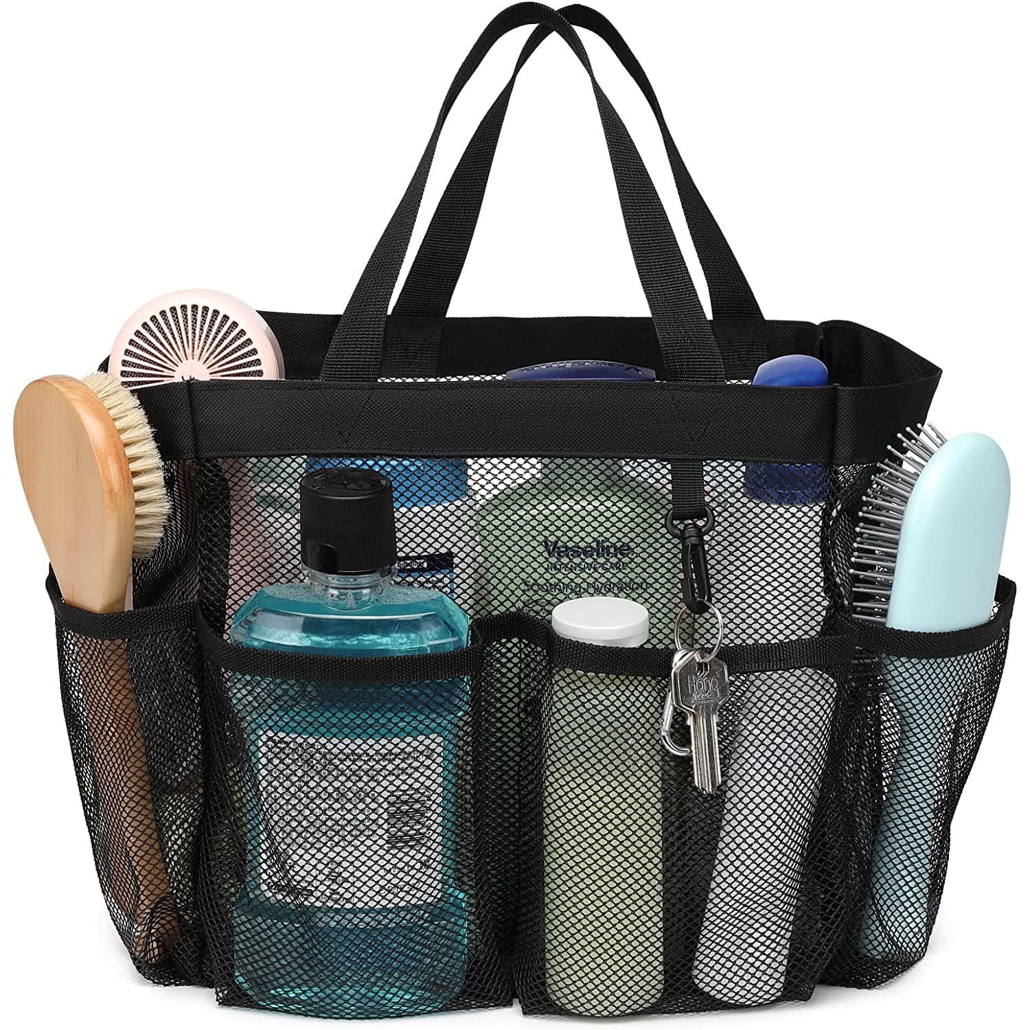 Portable Mesh Shower Caddy - Hanging Toiletry Organizer for Bathroom, Gym, Beach & Travel - Waterproof Shower Bag for Men & Women (Black) - Perfect for Camping, Swimming & College Dorms