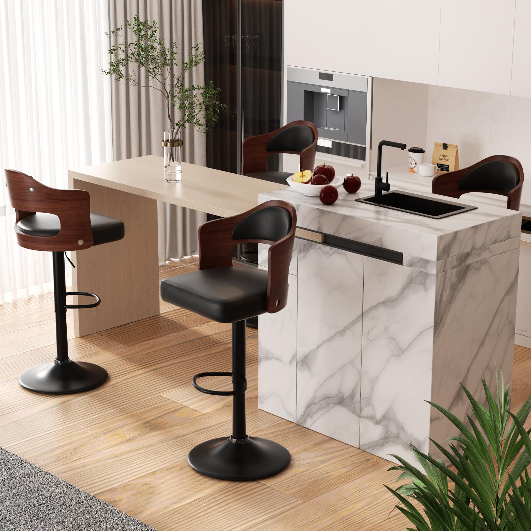 **3-Piece Swivel Bar Stool Set - Adjustable Height 24.5-33.5 Inch, PU Leather Upholstered Wooden Bar Stools with Backrest & Footrest - Perfect for Kitchen Island, Home Bar, Dining Room & Breakfast Nook**