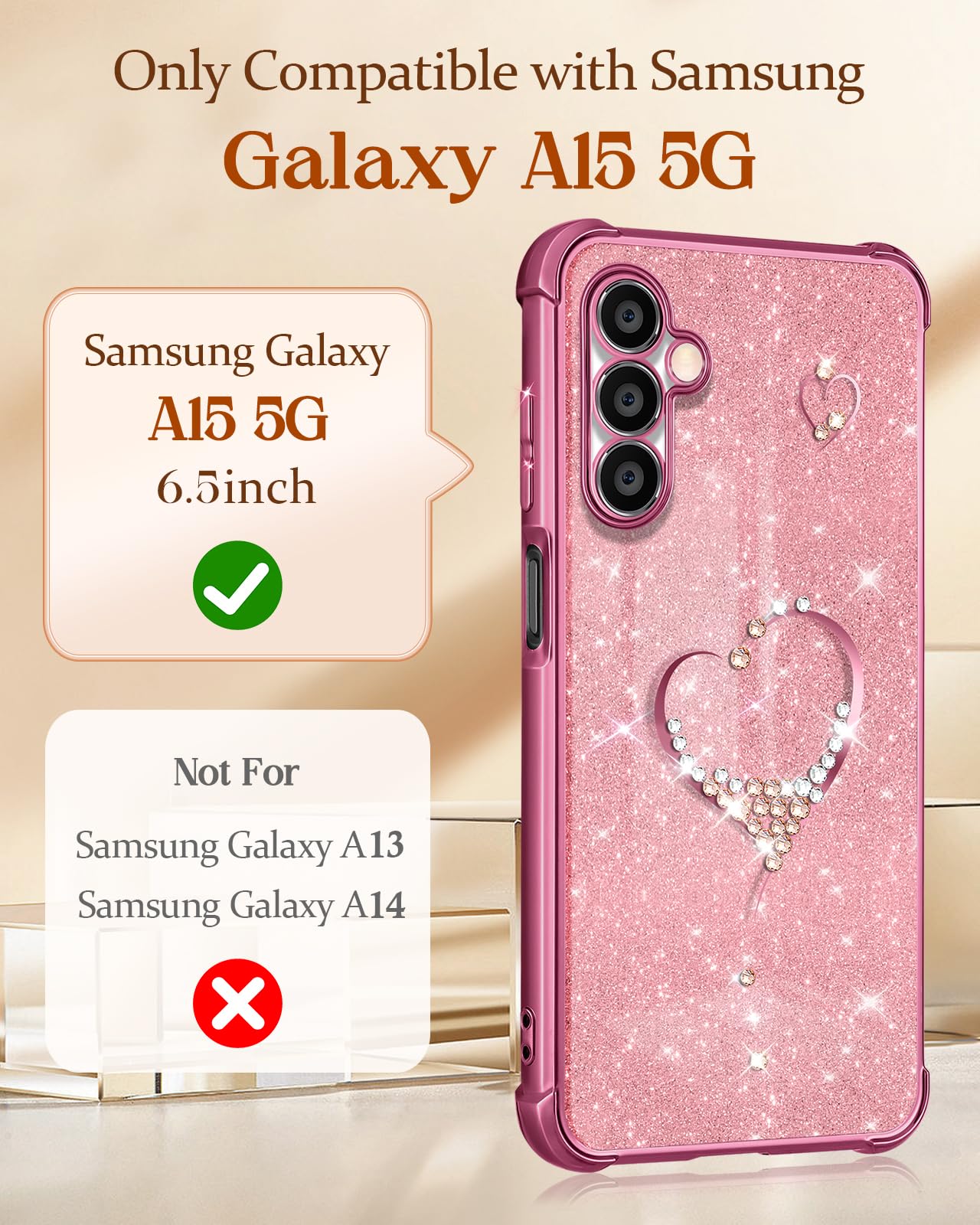 Elegant Sparkle Diamond Luxury Heart Design Phone Case for Samsung Galaxy A15 5G - 6.5