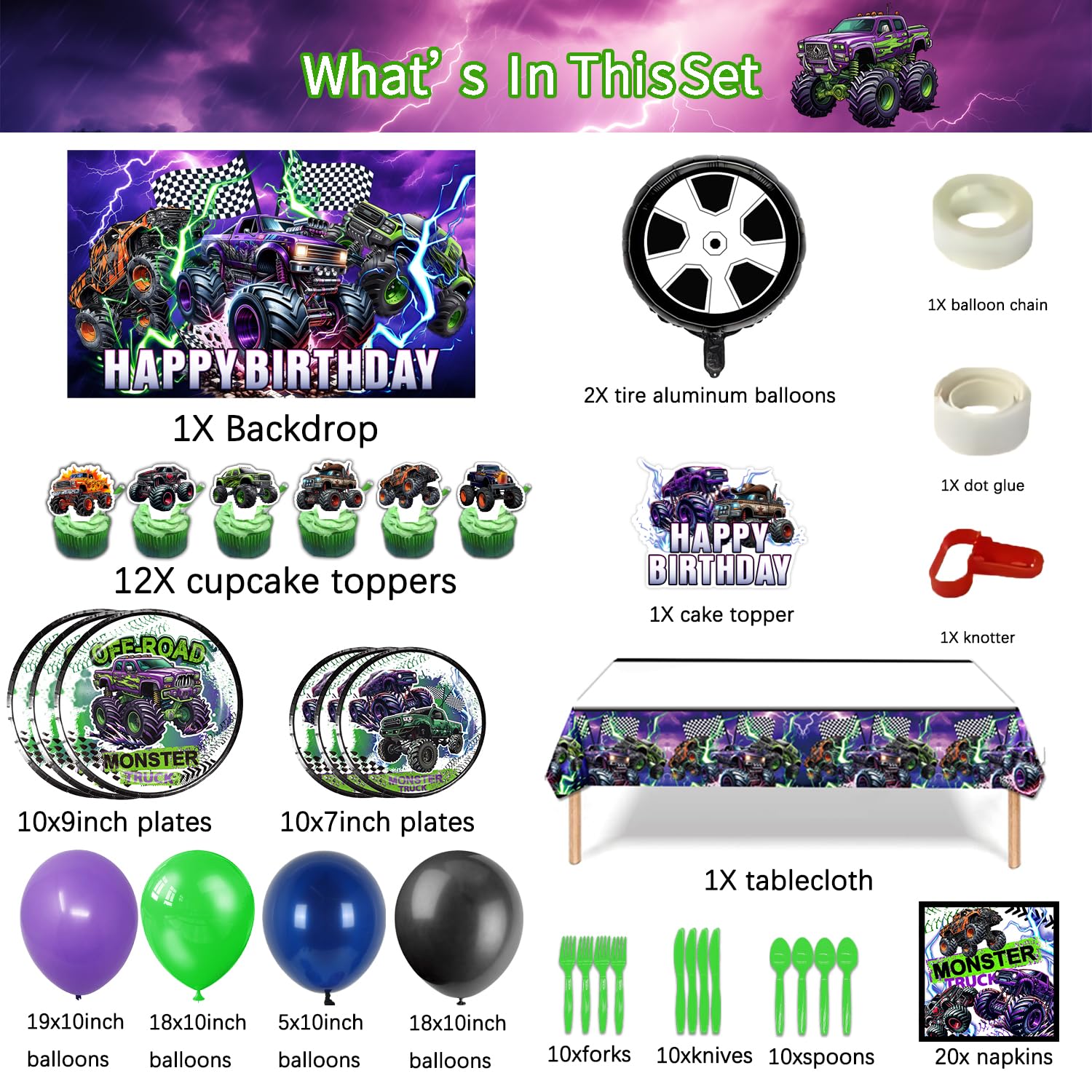 150Pcs Monster Truck Birthday Party Decorations Set - Includes Balloon Arch, Backdrop, Cake Toppers, Tableware & Tablecloth - Perfect for Kids Birthday, Themed Parties & Truck Lover Celebrations