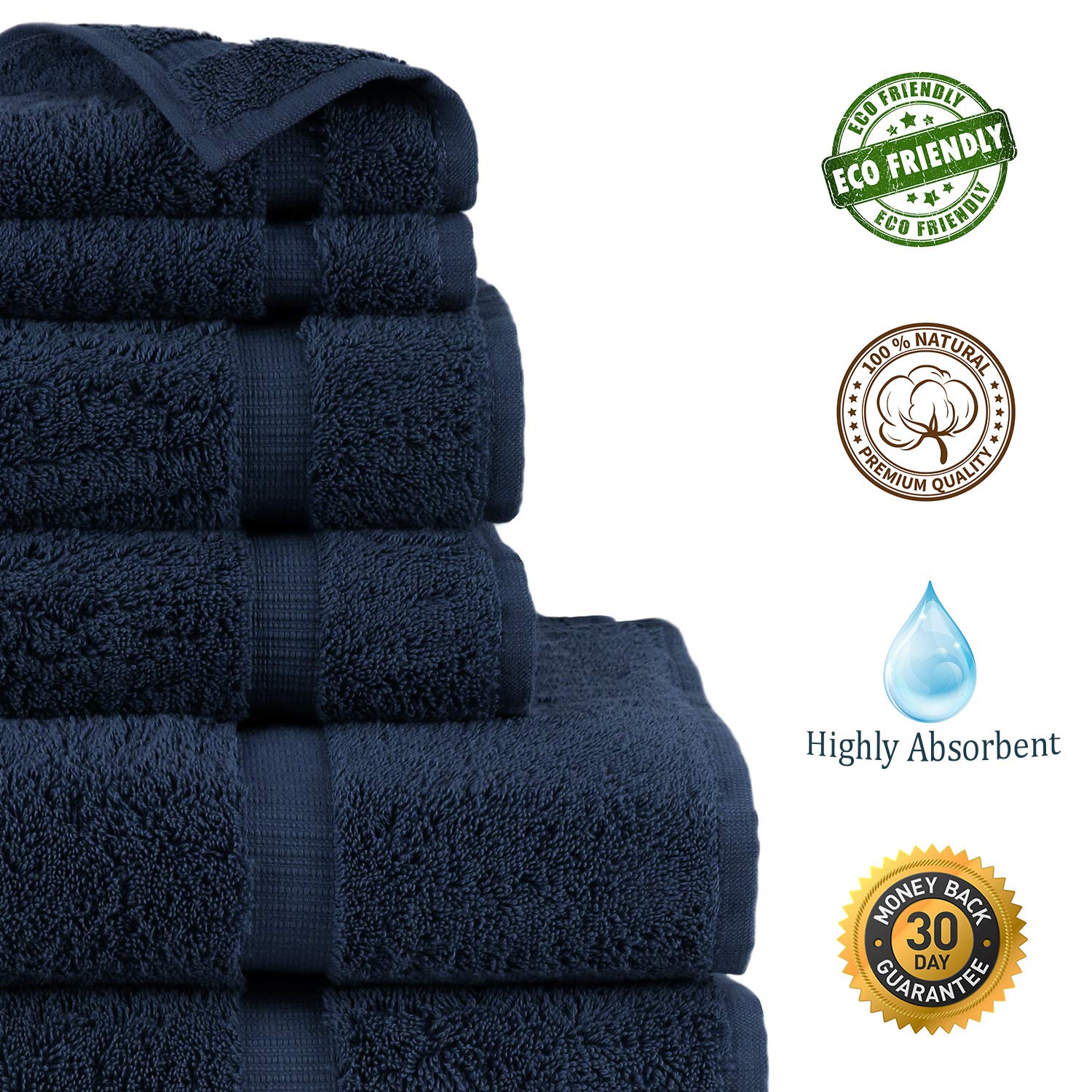 Premium 100% Turkish Cotton Bath Towel Set - 6 Piece (Navy Blue) | Ultra Soft & Absorbent | Luxury Spa, Beach & Home Use