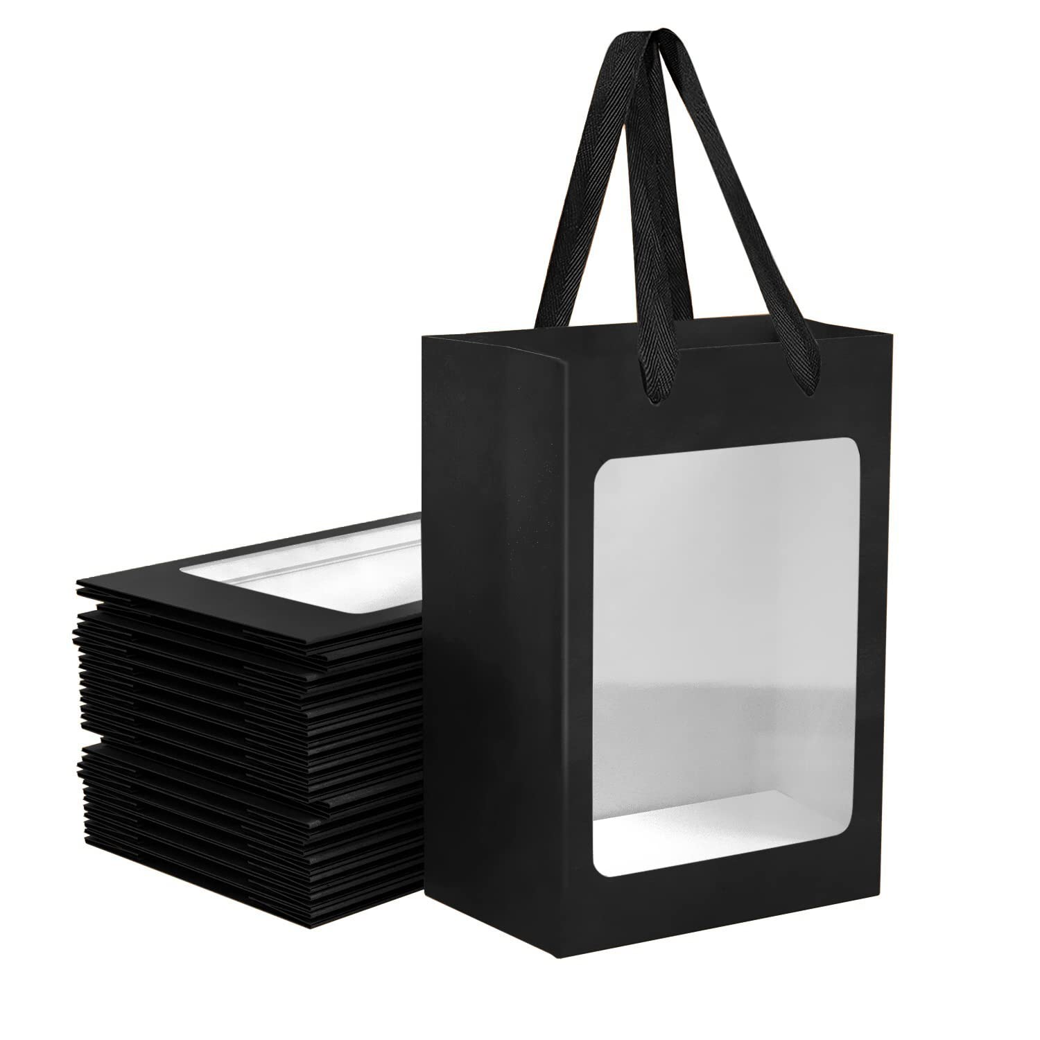 12 Pack Black Kraft Paper Gift Bags with Clear Window - 9.84