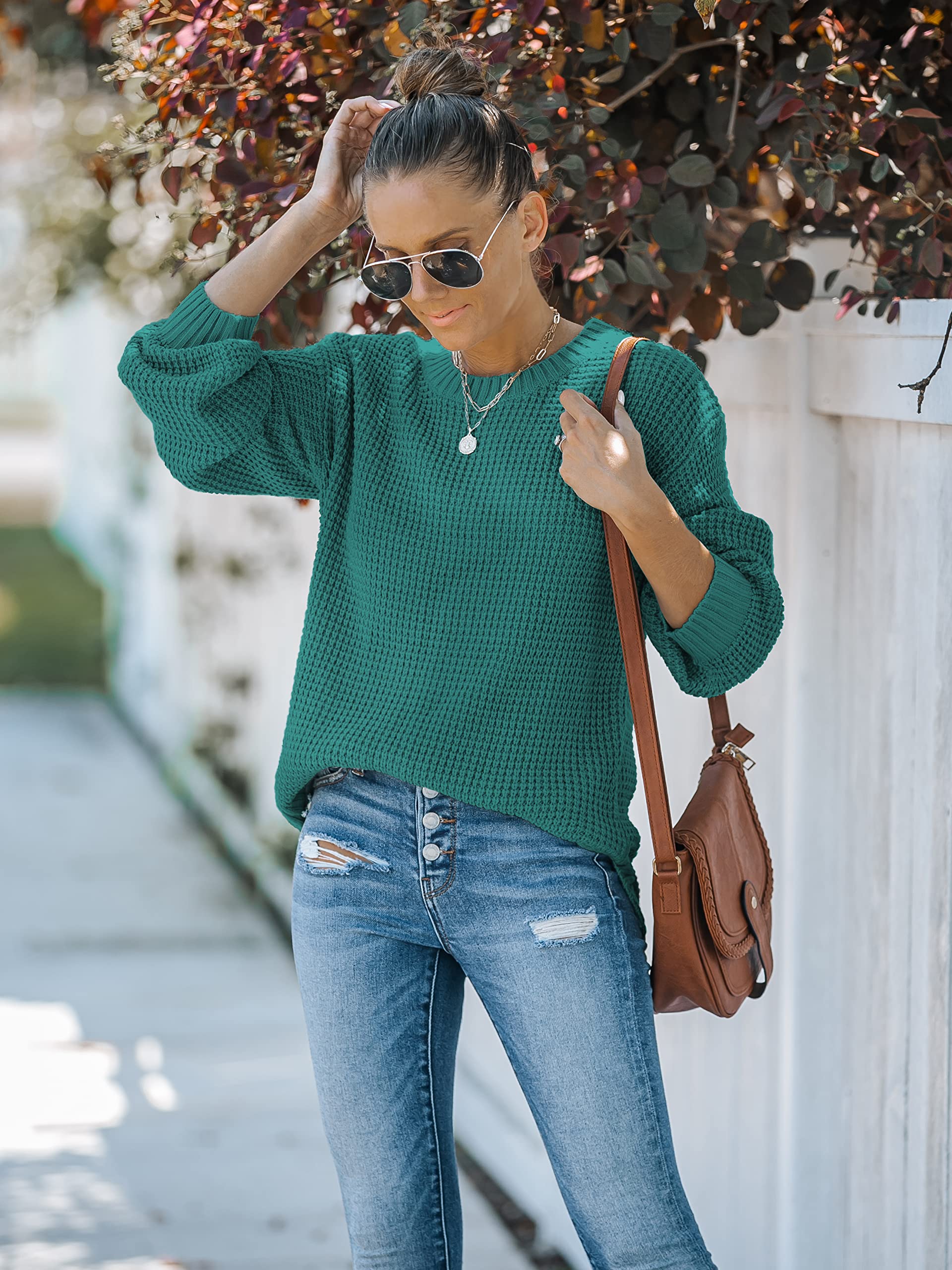 MEROKEETY Women's 2024 Fall Waffle Knit Sweater - Long Balloon Sleeve Loose Pullover Jumper - Cozy Casual Knitwear for Autumn & Winter - Perfect for Office, Date Night & Weekend Outings