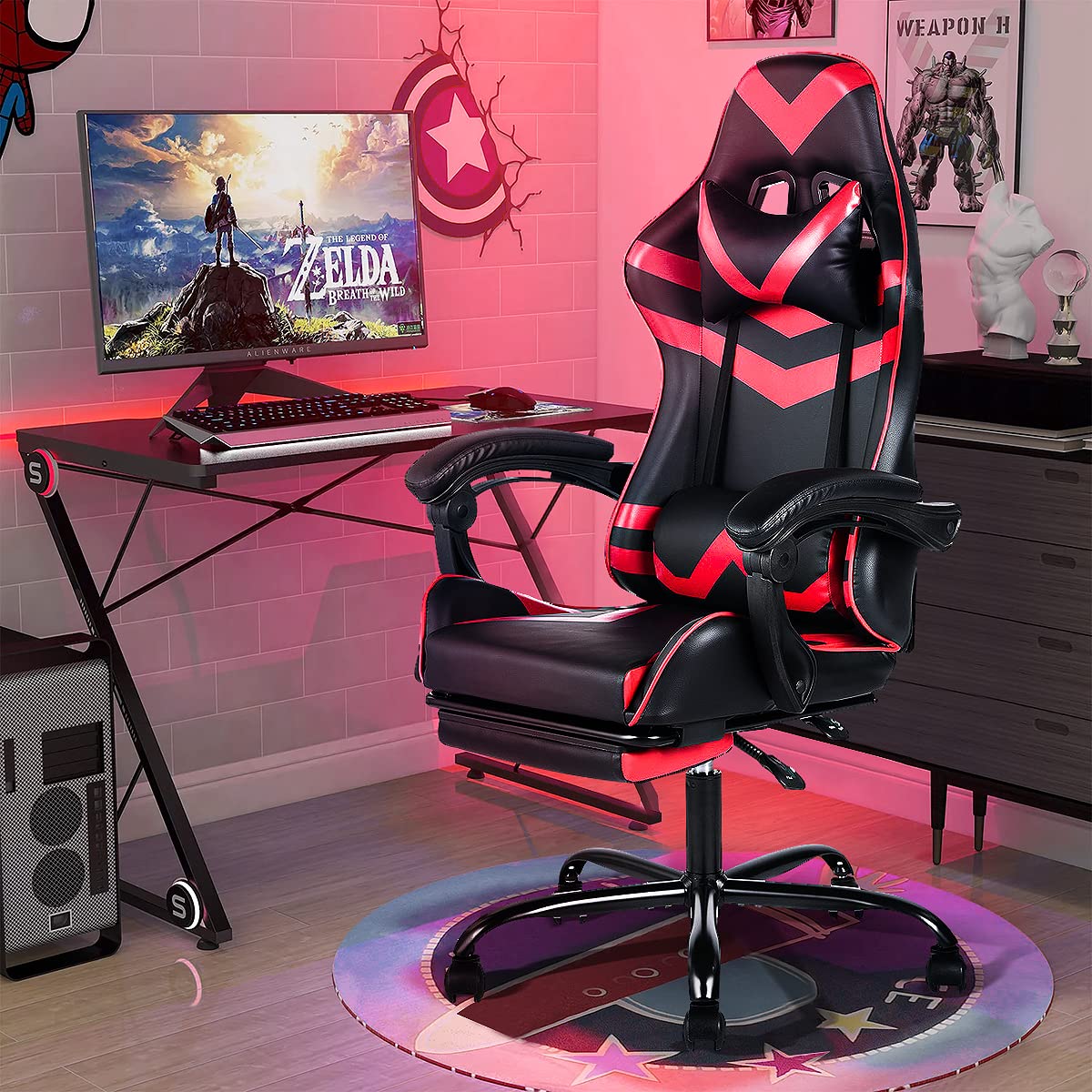 Recaceik Ergonomic Gaming Chair with Adjustable Lumbar Support, Retractable Footrest & Massage Function - High Back PC Gaming Chair for Office, Esports & Home Use