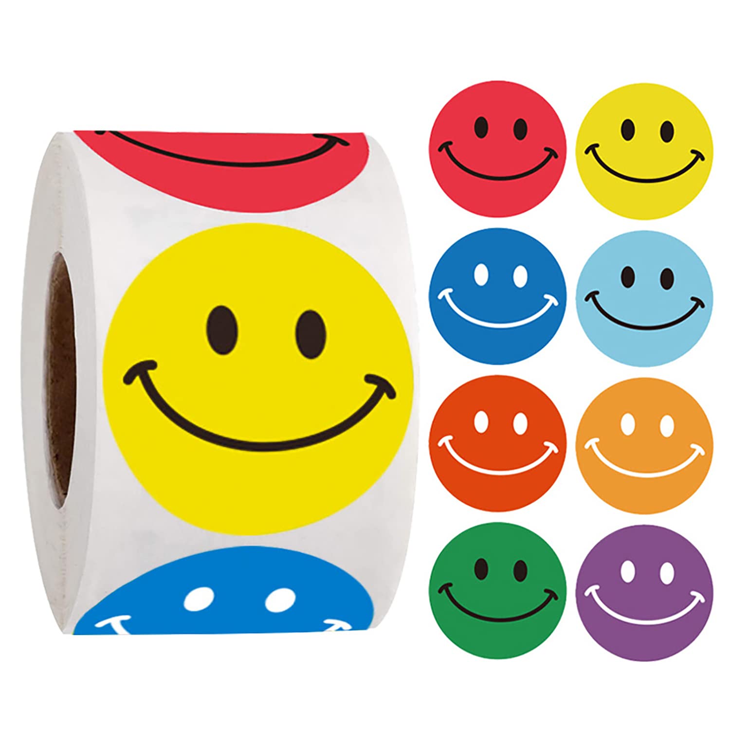 2 Rolls 1 Inch Round Smile Face Stickers - Happy Face Reward Stickers, 8 Color Designs, 500 Labels Per Roll - Perfect for Teachers, Students, and Classroom Rewards