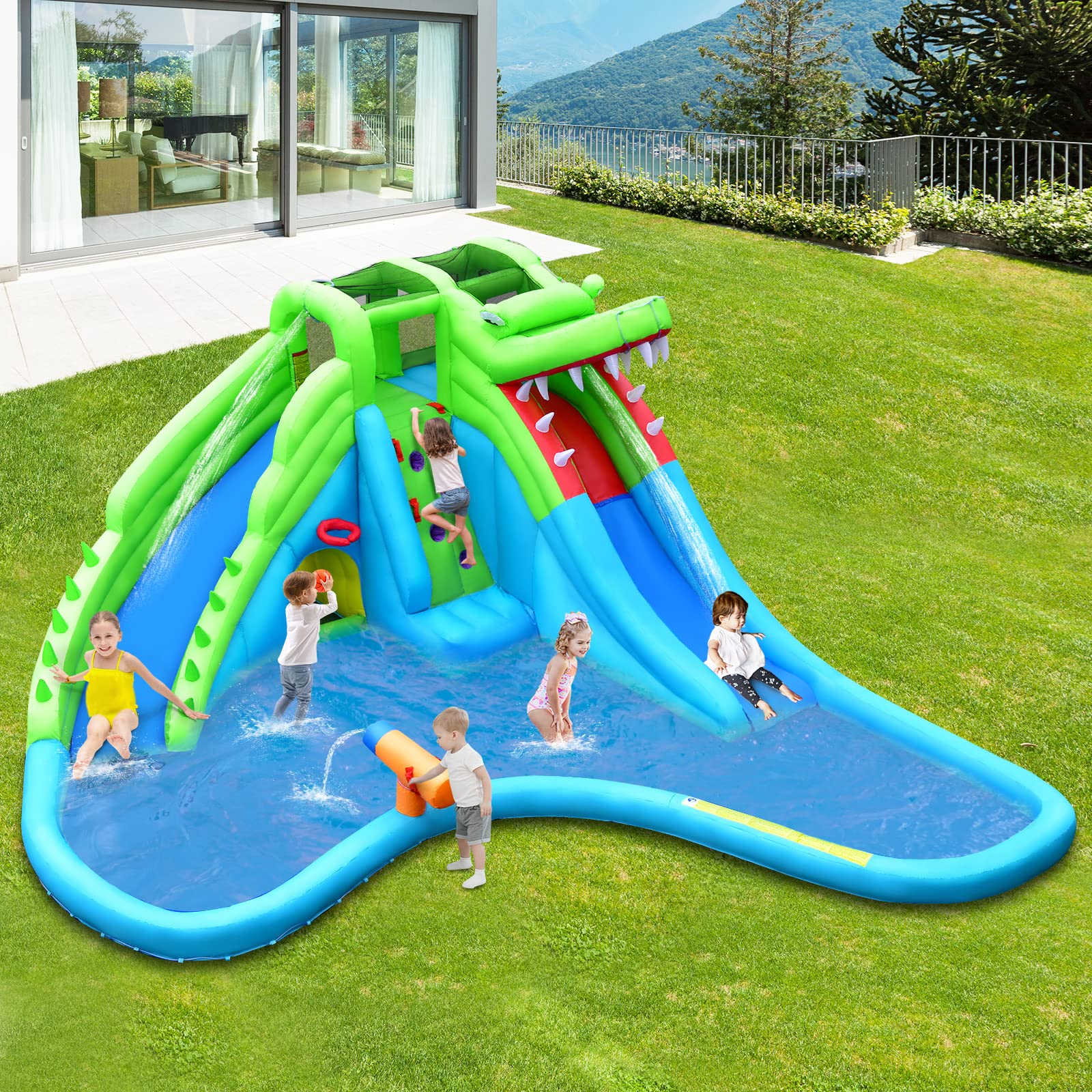 **HONEY JOY 7-in-1 Inflatable Water Slides for Kids - Crocodile Splash & Slide Water Park with Climbing Wall, Long Slide, Crawl Tunnel & Splash Pool - Outdoor Blow Up Water Park for Backyard (Blower Not Included) - Perfect for Summer Parties, Family Fun & Backyard Adventures**