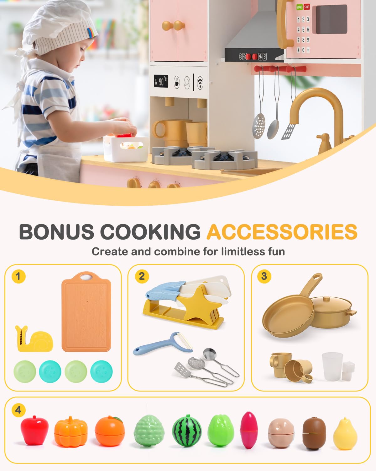 Babytronic Wooden Play Kitchen Set for Kids - Pretend Play Toy Kitchen with Lights & Sounds, Stove, Oven, Microwave & Coffee Maker Accessories - Educational Toddler Toy for Ages 3+ (Pink) - Perfect for Imaginative Play, Preschool Learning & Birthday Gifts