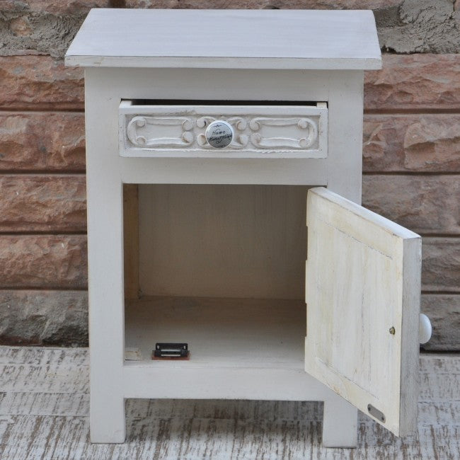 Hand Carved Solid Wood Bedside Table - Natural White Finish Nightstand with Drawer for Bedroom, Living Room & Office Furniture