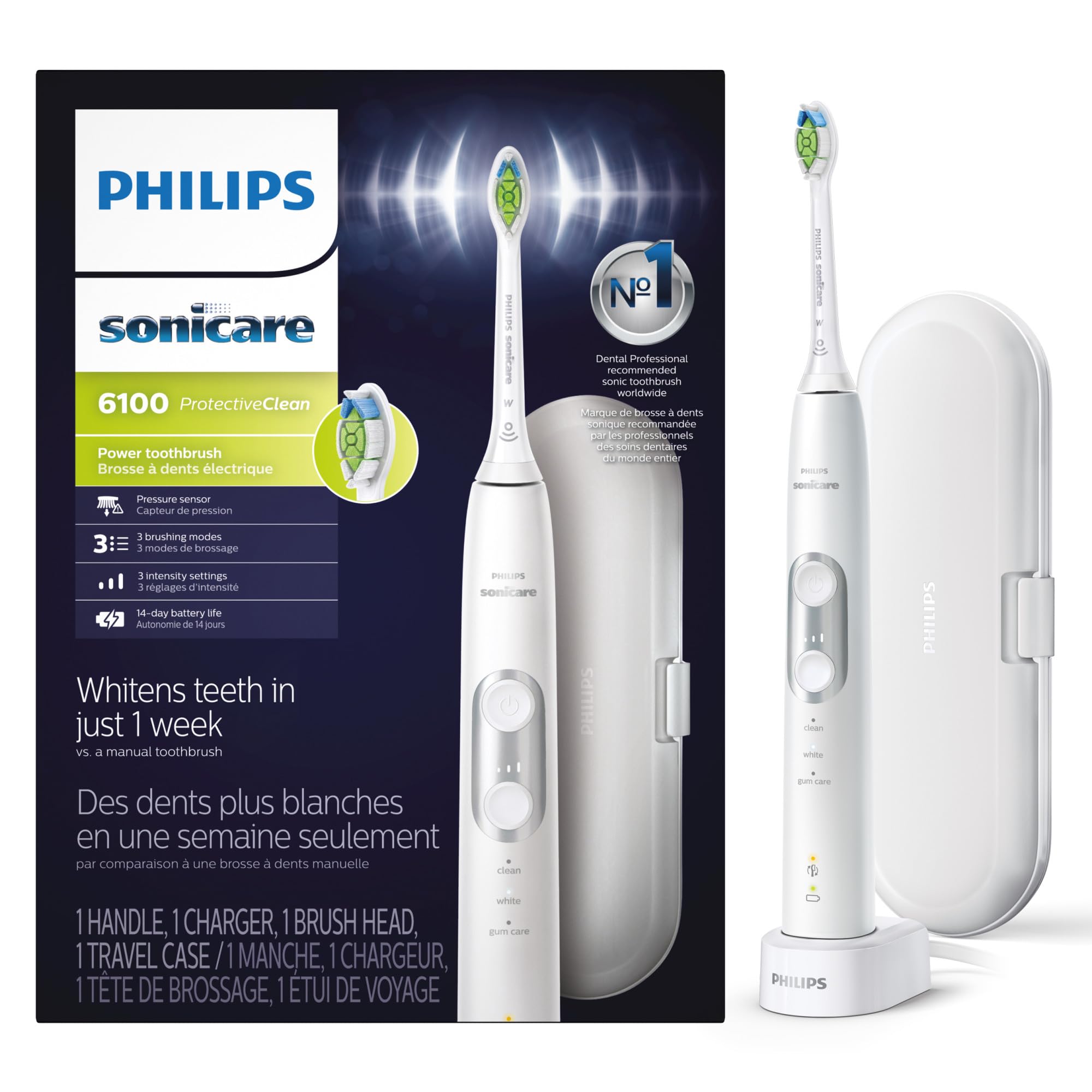 Philips Sonicare ProtectiveClean 6100 Rechargeable Electric Toothbrush - HX6877/21 | Whitening, Gum Care & Plaque Removal | 3 Modes, Pressure Sensor | Perfect for Travel & Daily Oral Hygiene (White)