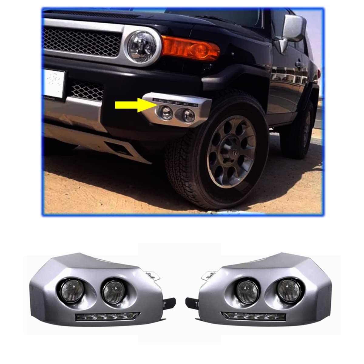 2007-2014 Toyota FJ Cruiser Front Bumper LED Fog Lights with DRL Daytime Running Strip - Chrome Bezel Replacement Kit (Includes Bulbs & Wiring Harness) - Perfect for Off-Roading, Night Driving & Enhanced Visibility