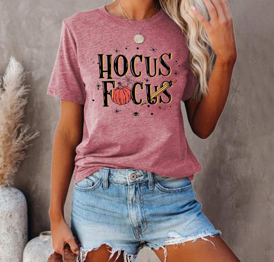 Funny Hocus Pocus Halloween T-Shirt for Women - Cute Pumpkin Graphic Teacher Tee - Fall Season Casual Top for Classroom, Halloween Party & Autumn Outings