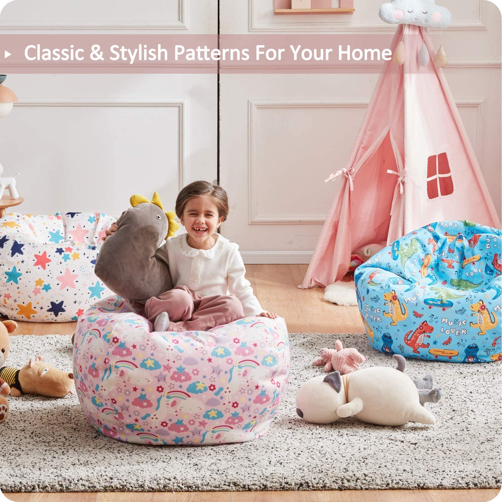 **Nobildonna Stuffed Animal Storage Bean Bag Chair Cover – Large Kids Bean Bag Chair Without Filling for Girls & Toddlers – Organize Soft Plush Toys – Perfect for Playrooms, Bedrooms & Daycare Centers**