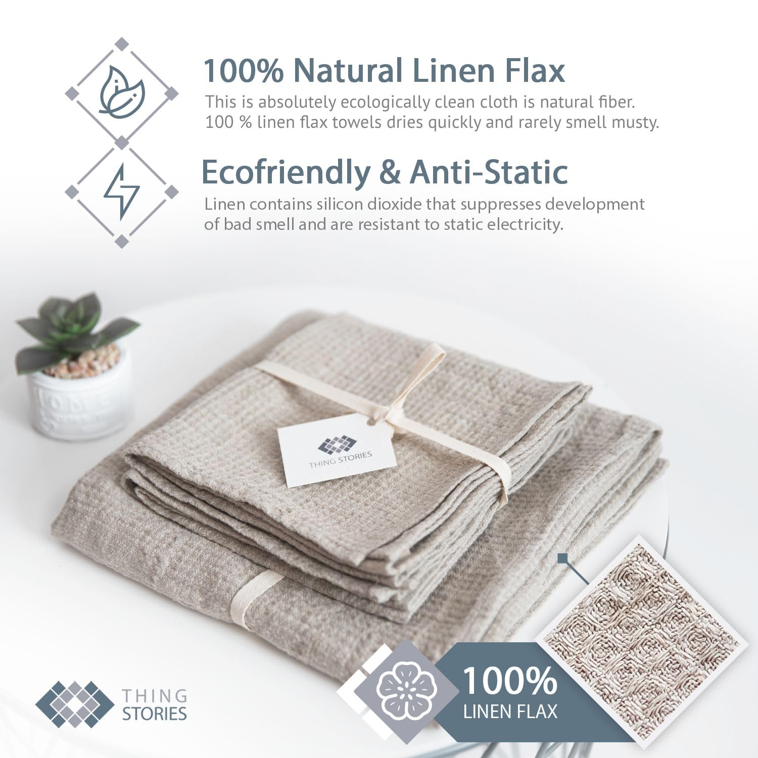 4-Piece 100% Linen Towel Set - 2 Bath Towels & 2 Hand Towels | Natural Waffle Weave, Pre-Washed, Quick-Drying & Ultra Absorbent | Eco-Friendly Bathroom Towels for Spa, Beach & Luxury Home Use