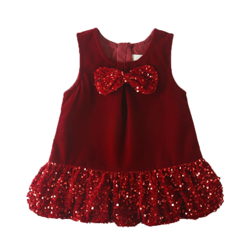 Baby Red Sequin Bow Dress with Velvet Vest - Elegant Holiday Party Outfit for Girls | Perfect for Christmas, Birthday & Special Occasions