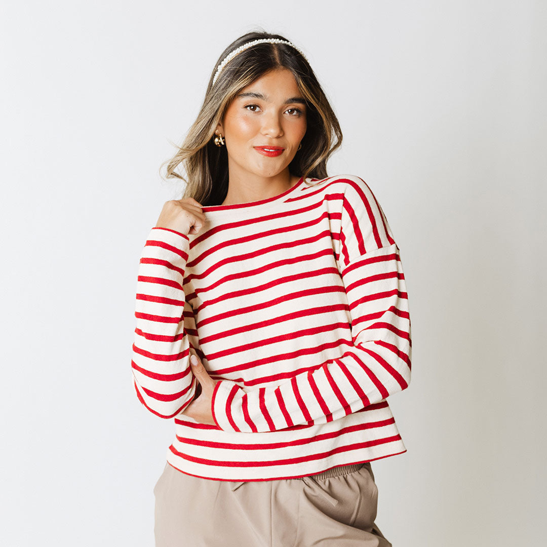 Stylish Crimson Striped Sweater for Women - Cozy Knit Pullover for Fall & Winter - Perfect for Casual Outfits & Holiday Gatherings