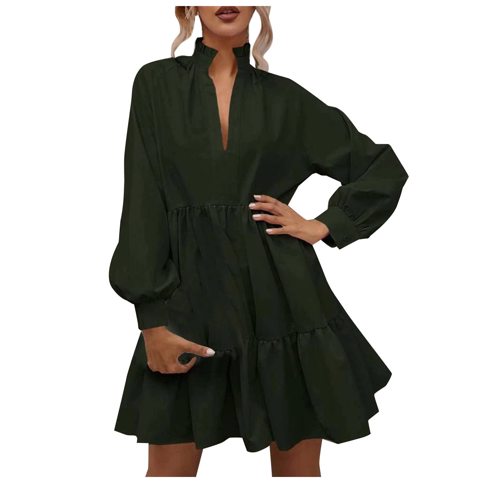 JIDDO Women's V-Neck Mini Dress Long Sleeve Solid Summer Dress - Casual Party Wear, Date Night, Office Outfit, Vacation Style